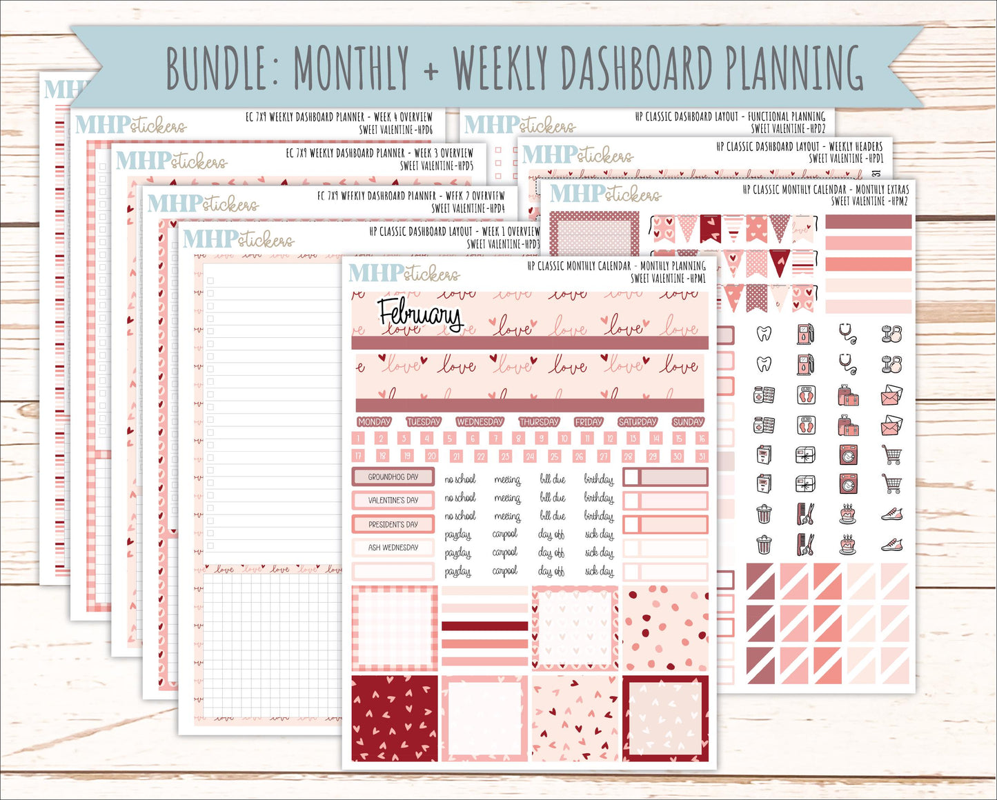 FEBRUARY Stickers for Happy Planner Classic Dashboard Layout. 2026 Collection. "Sweet Valentine" || HPD