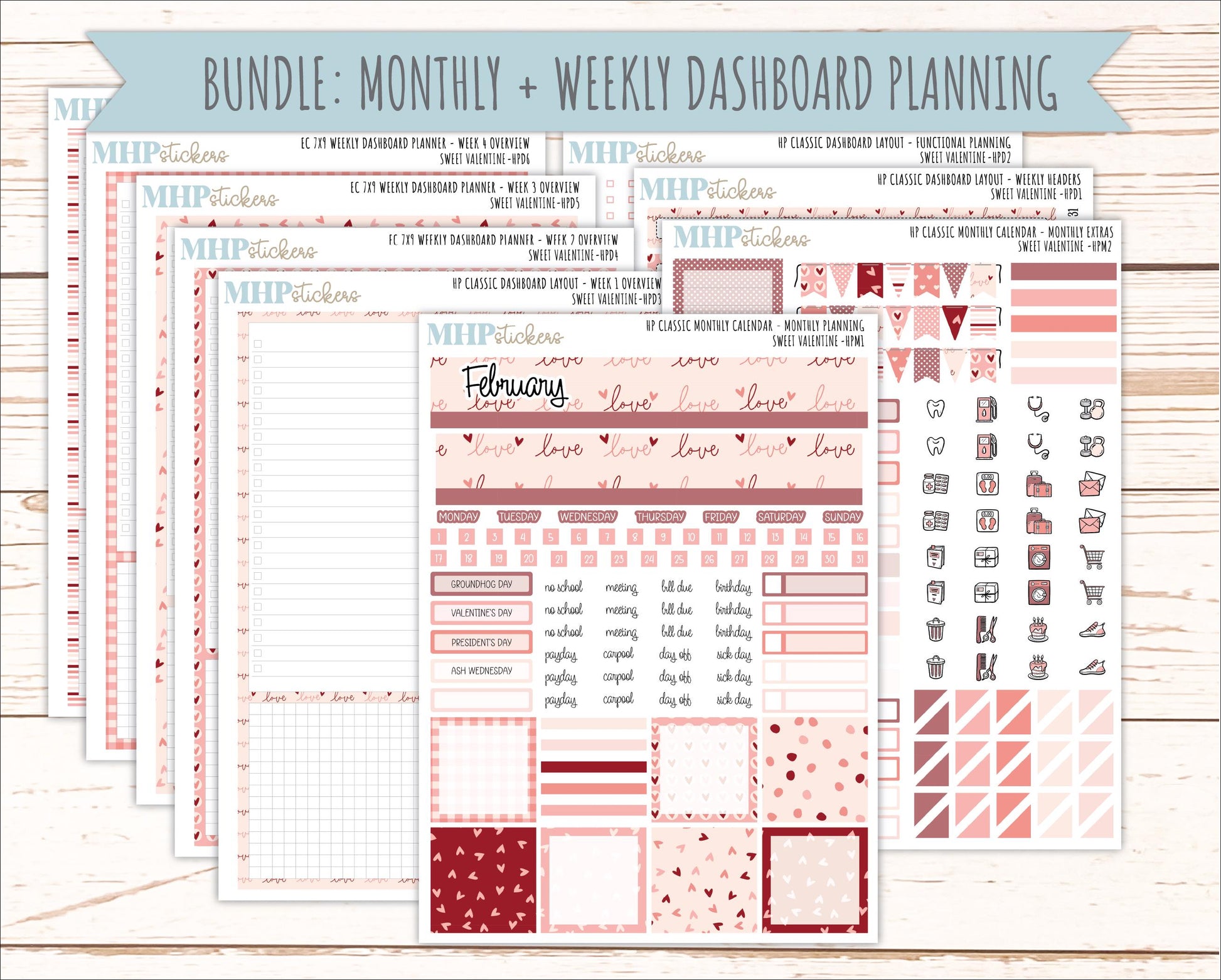 FEBRUARY Stickers for Happy Planner Classic Dashboard Layout. 2026 Collection. "Sweet Valentine" || HPD