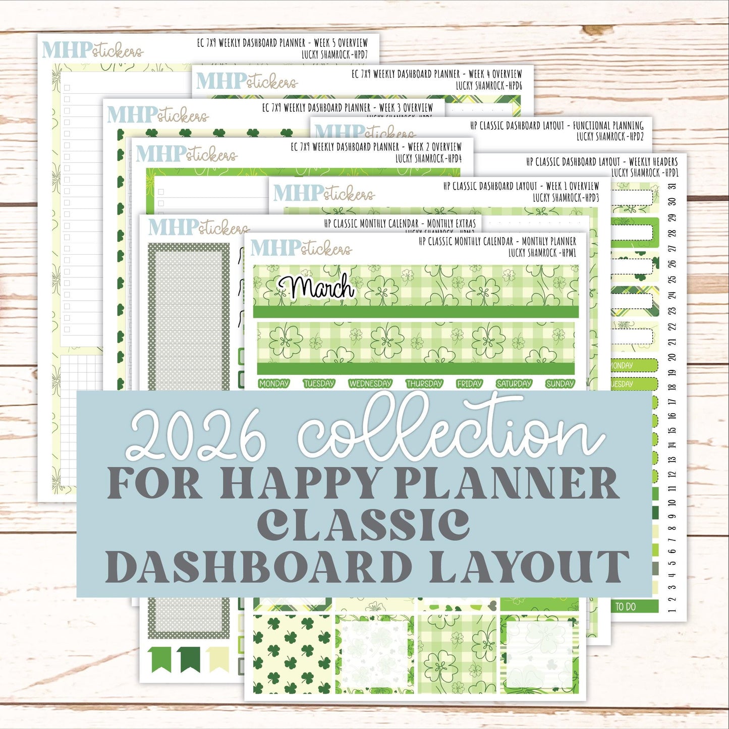 MARCH Stickers for Happy Planner Classic Dashboard Layout. 2026 Collection. "Lucky Shamrock" || HPD