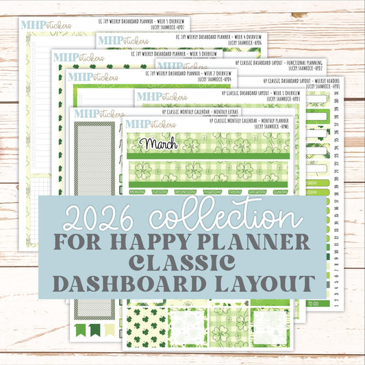 MARCH Stickers for Happy Planner Classic Dashboard Layout. 2026 Collection. "Lucky Shamrock" || HPD