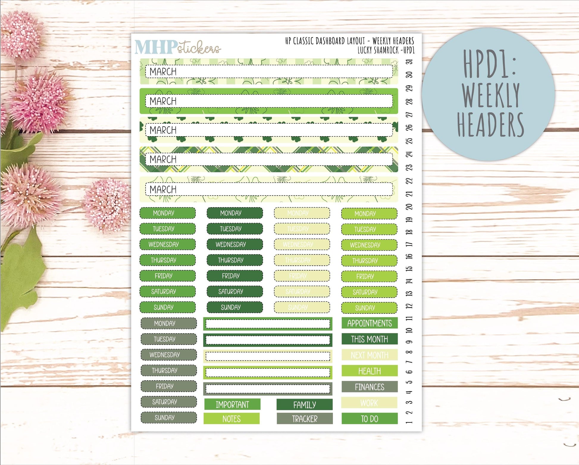 MARCH Stickers for Happy Planner Classic Dashboard Layout. 2026 Collection. "Lucky Shamrock" || HPD