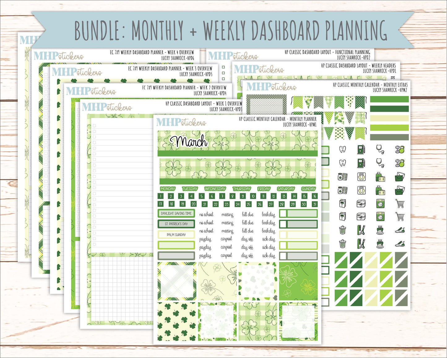 MARCH Stickers for Happy Planner Classic Dashboard Layout. 2026 Collection. "Lucky Shamrock" || HPD