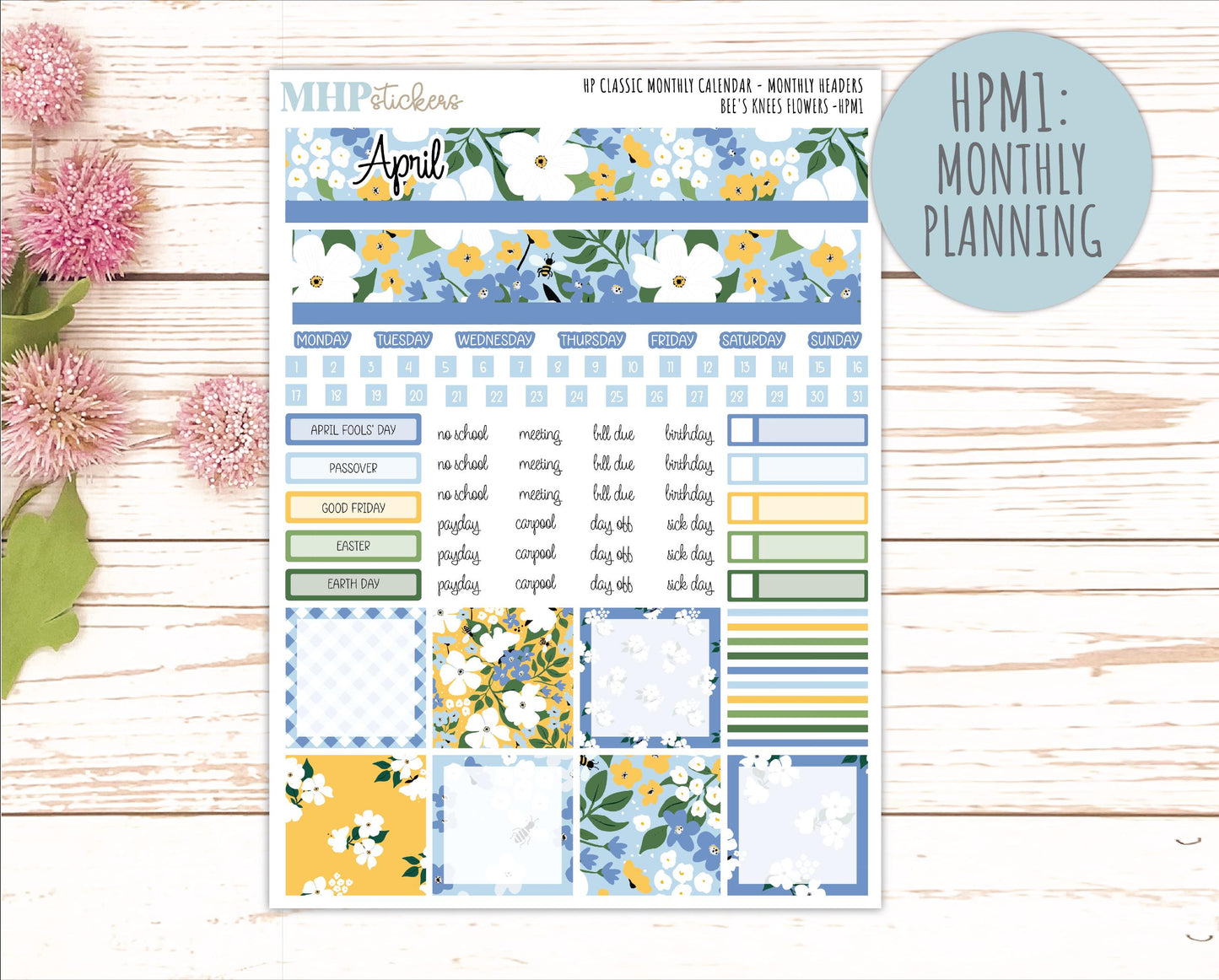 APRIL Stickers for Happy Planner Classic Vertical Layout. 2026 Collection. "Bee's Knees Flowers" || HPV