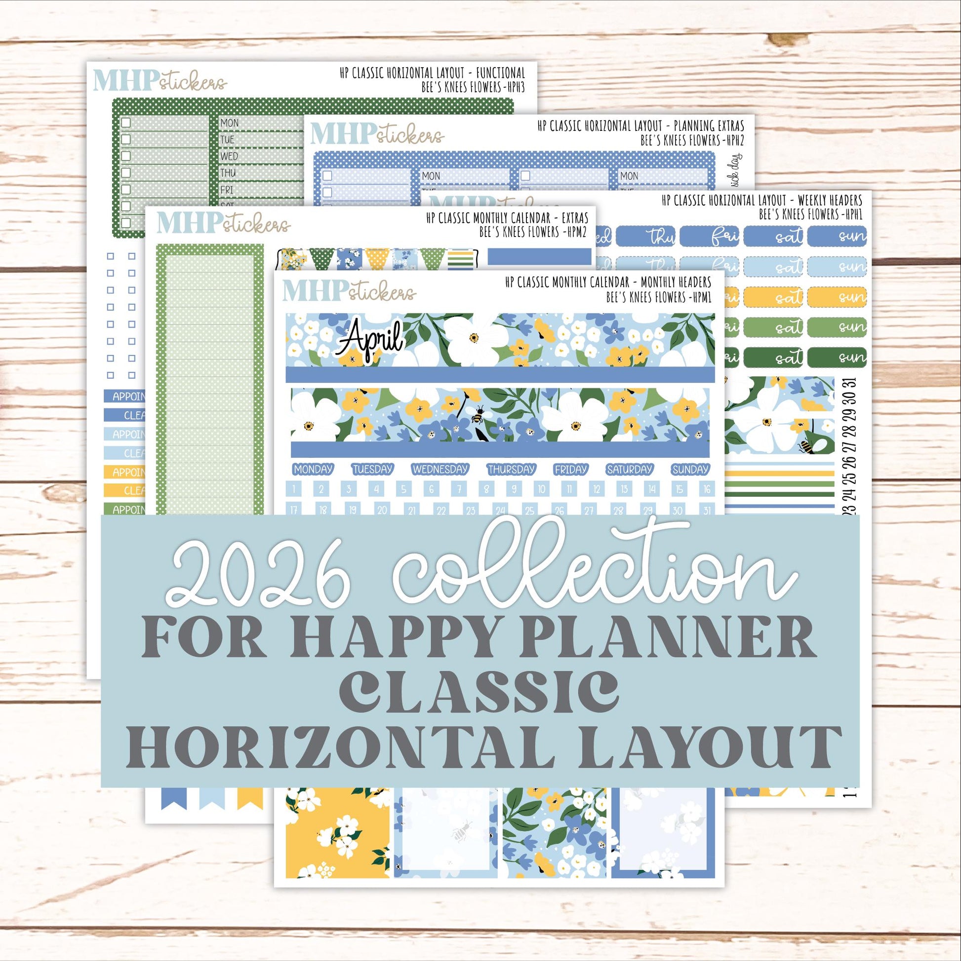 APRIL Stickers for Happy Planner Classic Horizontal Layout. 2026 Collection. "Bee's Knees Flowers" || HPH