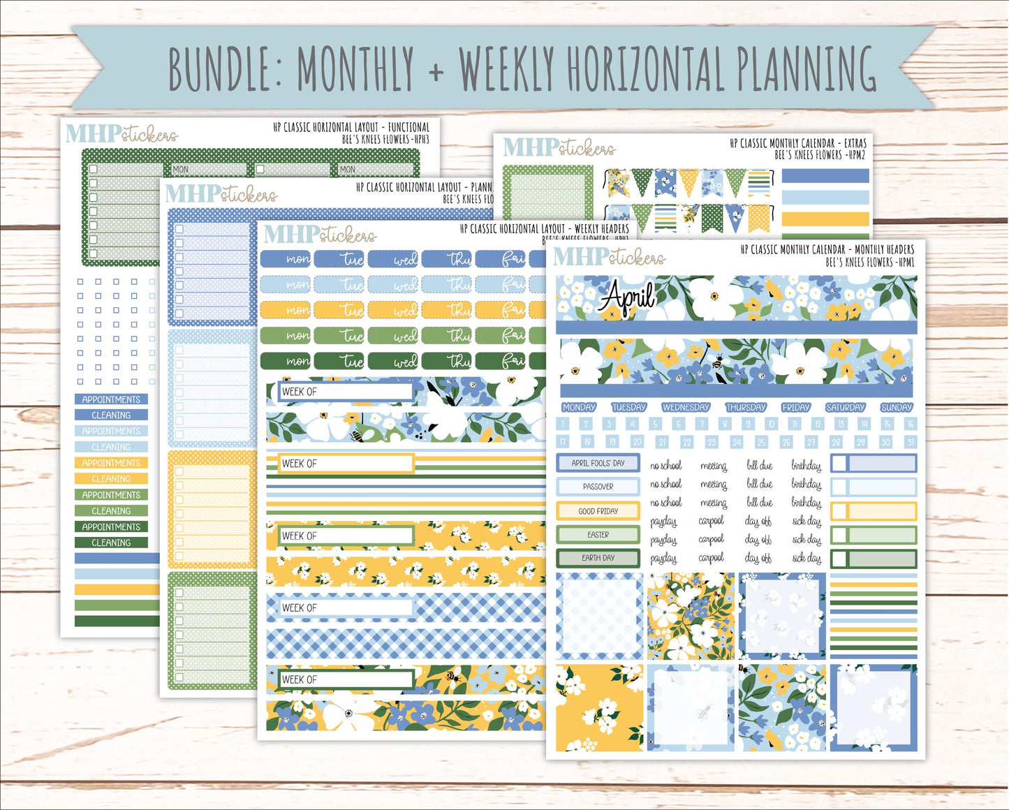 APRIL Stickers for Happy Planner Classic Horizontal Layout. 2026 Collection. "Bee's Knees Flowers" || HPH