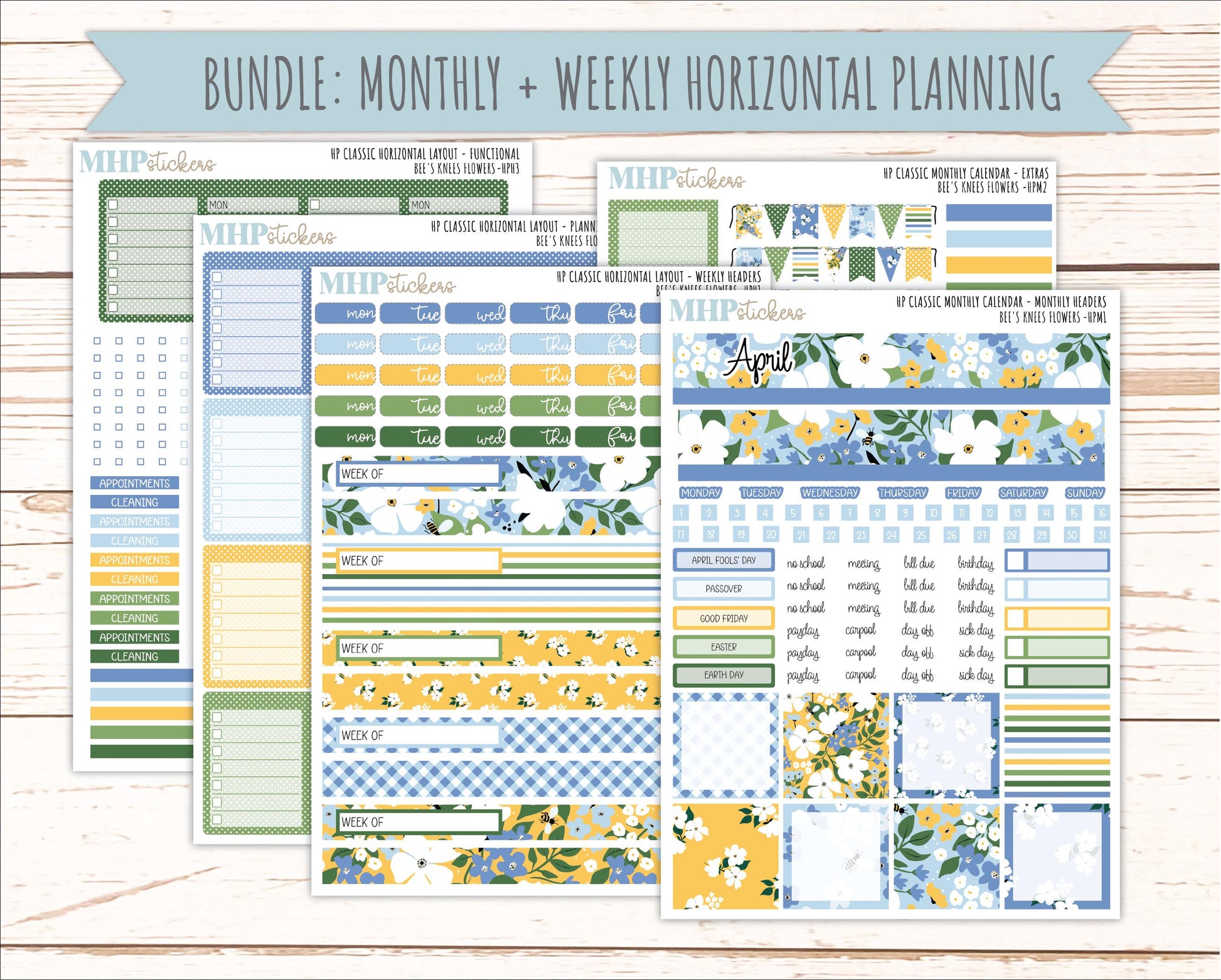 APRIL Stickers for Happy Planner Classic Horizontal Layout. 2026 Collection. "Bee's Knees Flowers" || HPH