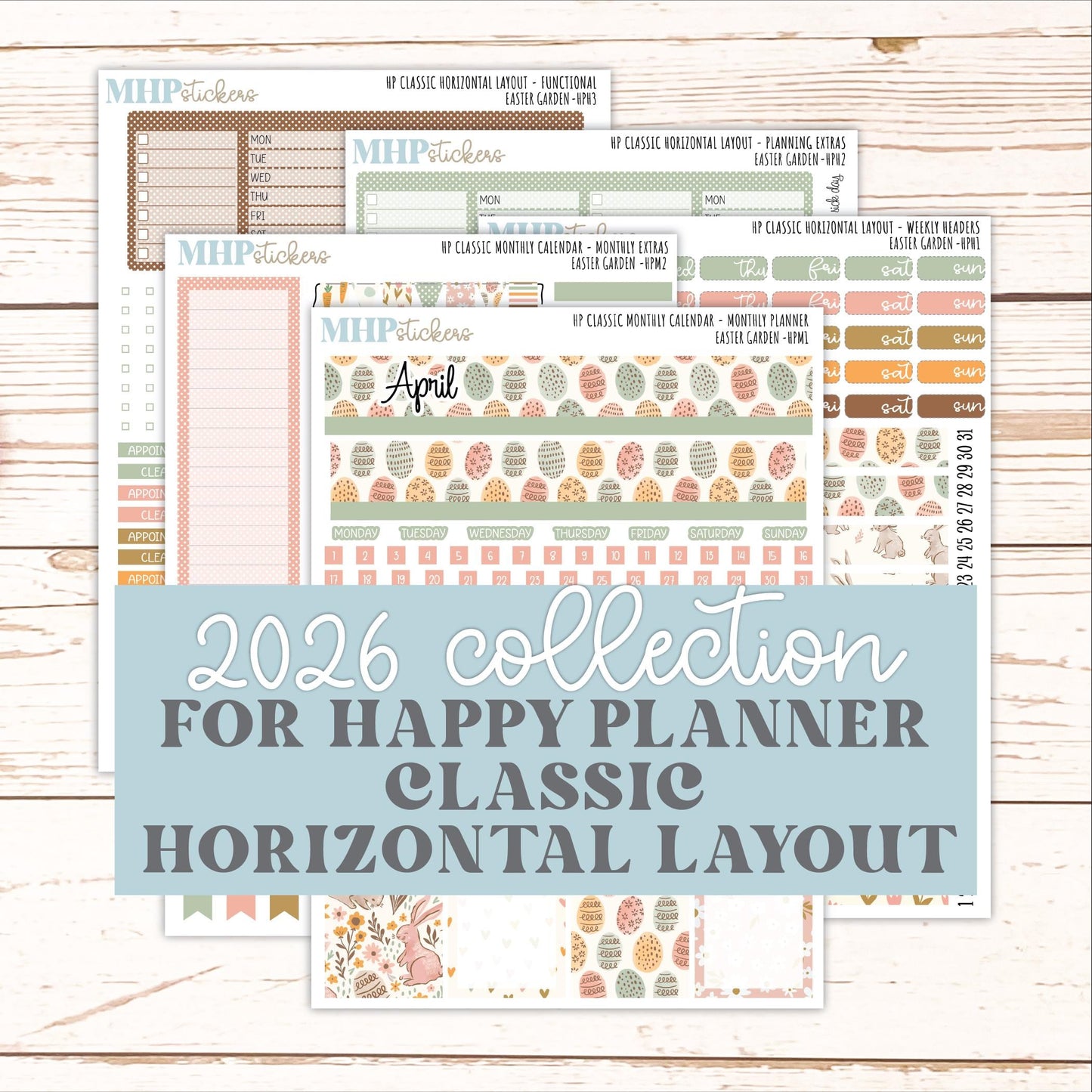 APRIL Stickers for Happy Planner Classic Horizontal Layout. 2026 Collection. "Easter Garden" || HPH