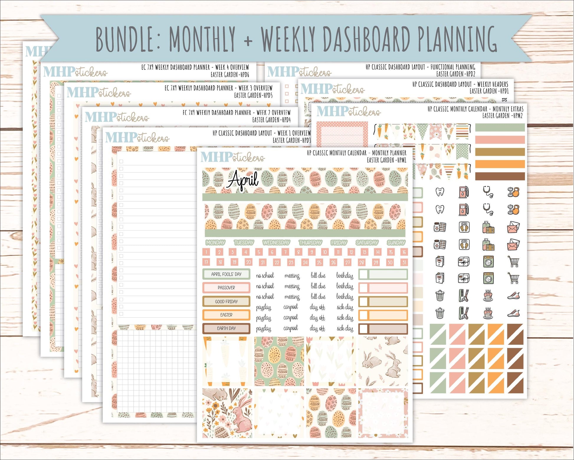 APRIL Stickers for Happy Planner Classic Dashboard Layout. 2026 Collection. "Easter Garden" || HPD