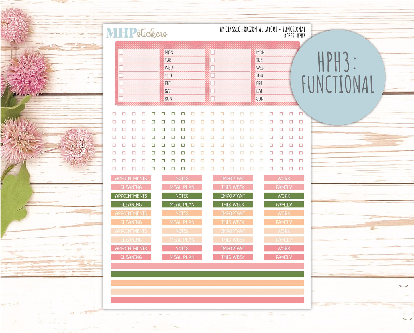 MAY Stickers for Happy Planner Classic Horizontal Layout. 2026 Collection. "Roses" || HPH