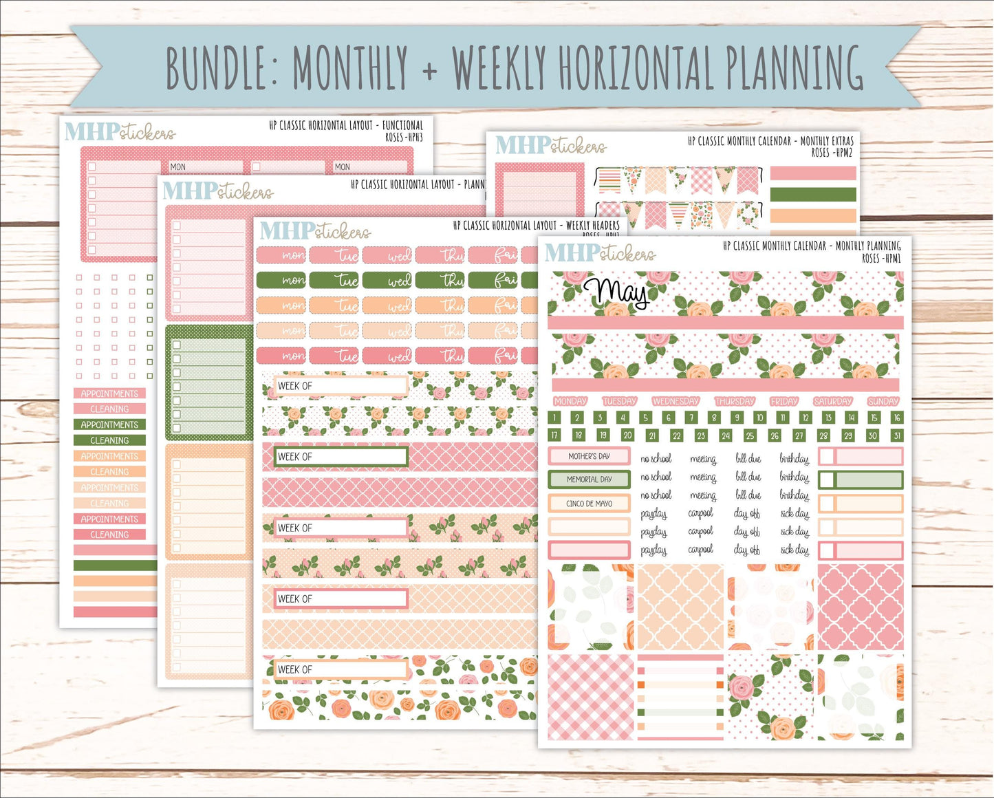 MAY Stickers for Happy Planner Classic Horizontal Layout. 2026 Collection. "Roses" || HPH