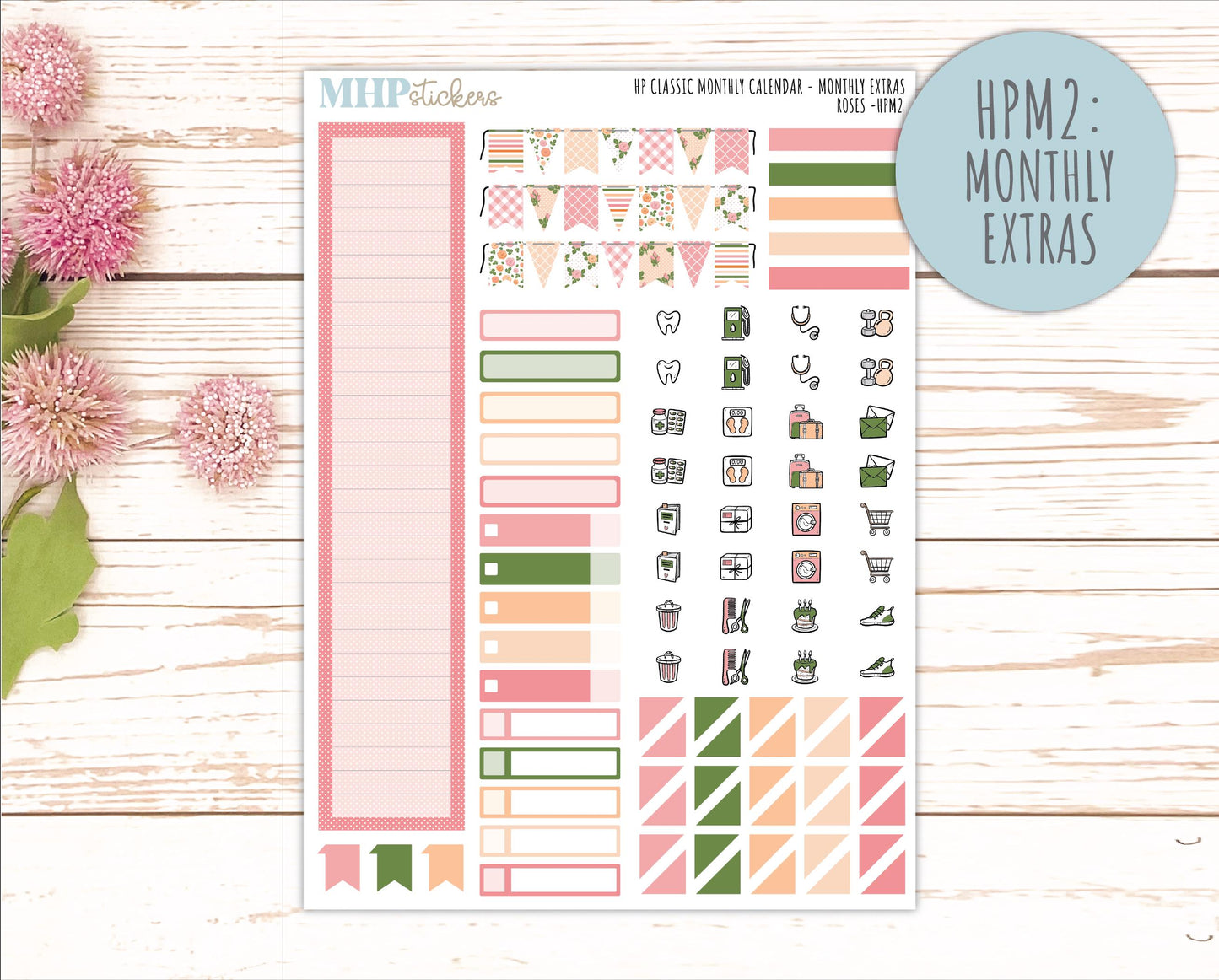 MAY Stickers for Happy Planner Classic Dashboard Layout. 2026 Collection. "Roses" || HPD