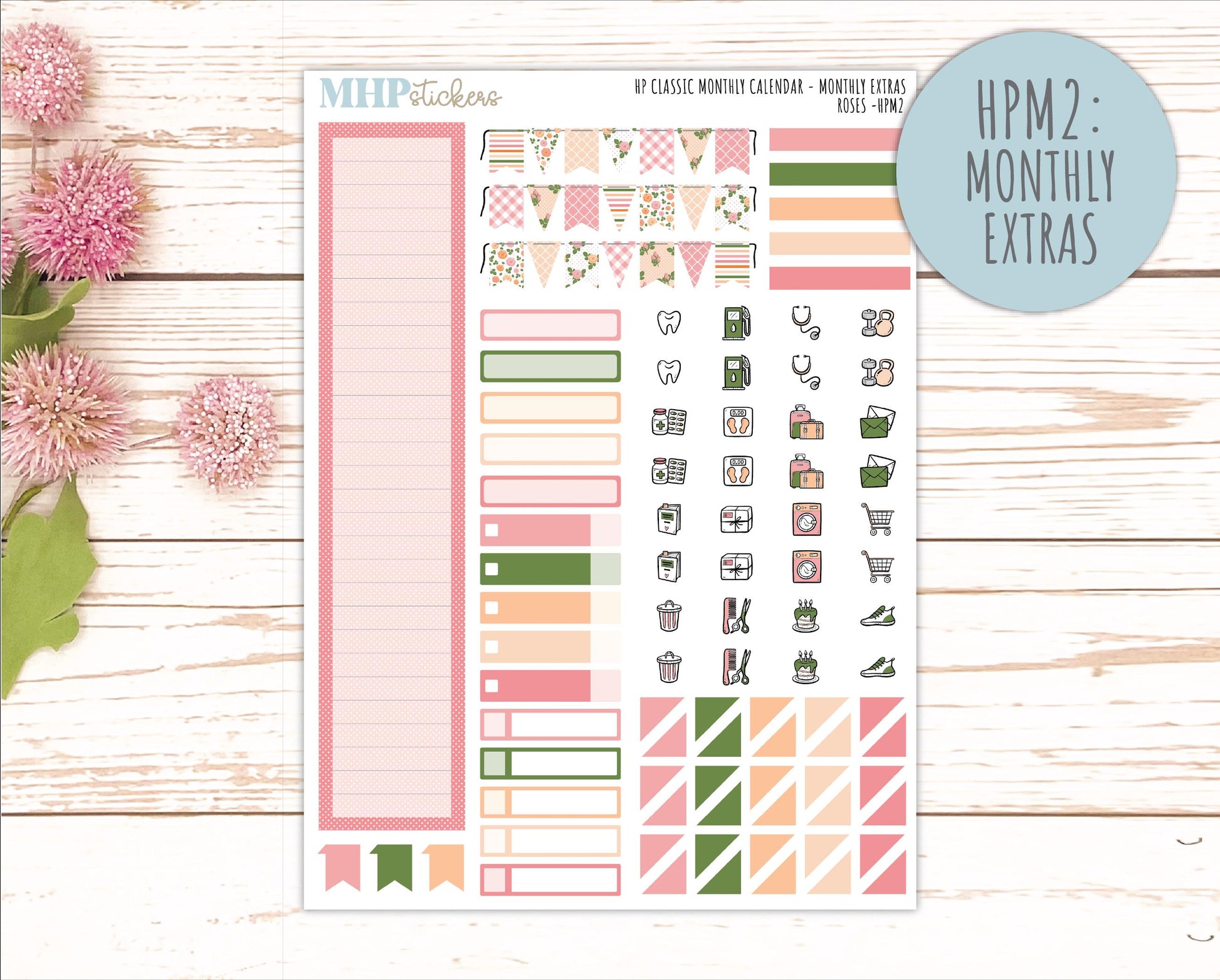 MAY Stickers for Happy Planner Classic Dashboard Layout. 2026 Collection. "Roses" || HPD