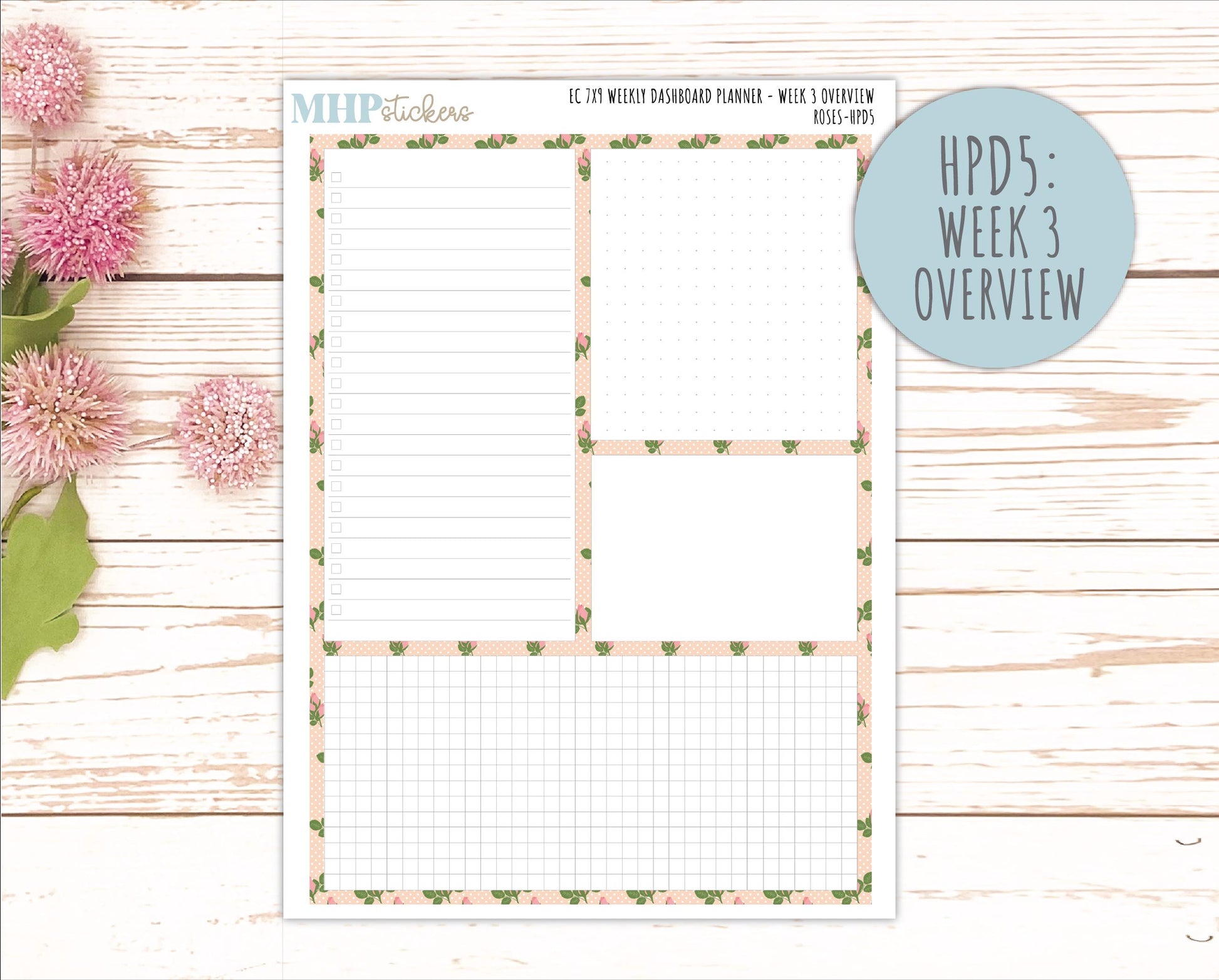 MAY Stickers for Happy Planner Classic Dashboard Layout. 2026 Collection. "Roses" || HPD
