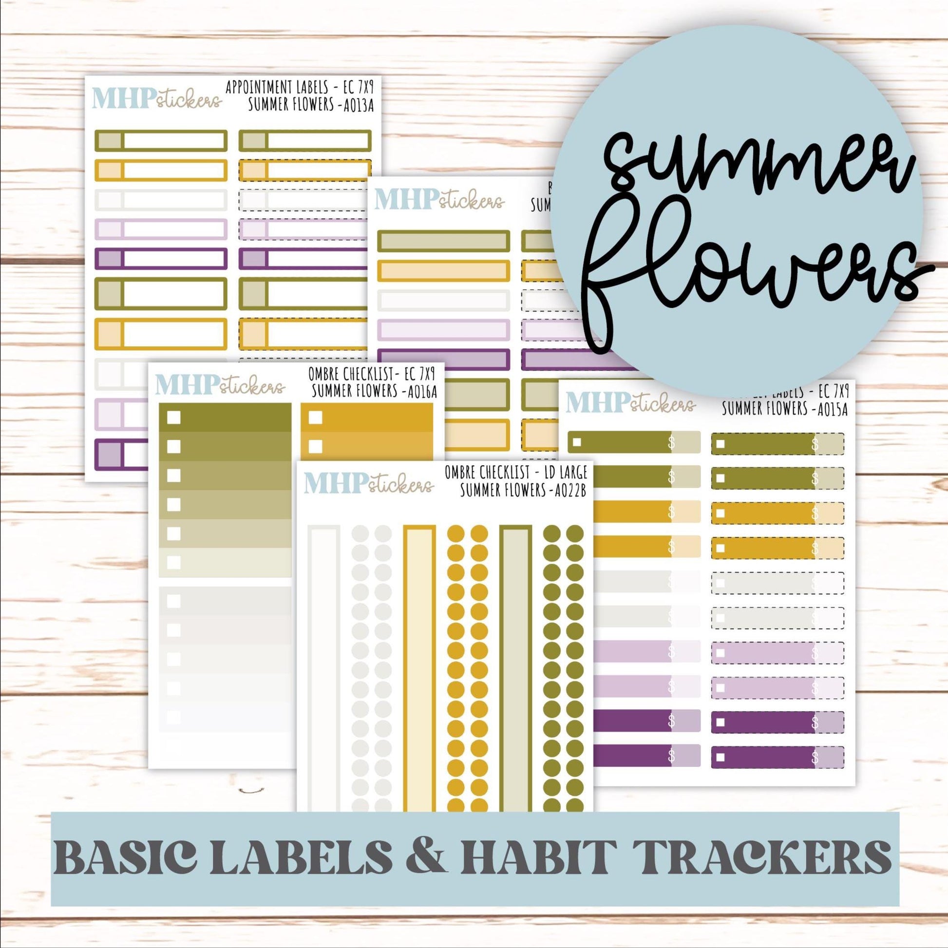 Basic Labels & Habit Trackers. ADD-Ons for Monthly Kits "Summer Flowers" || AOBL