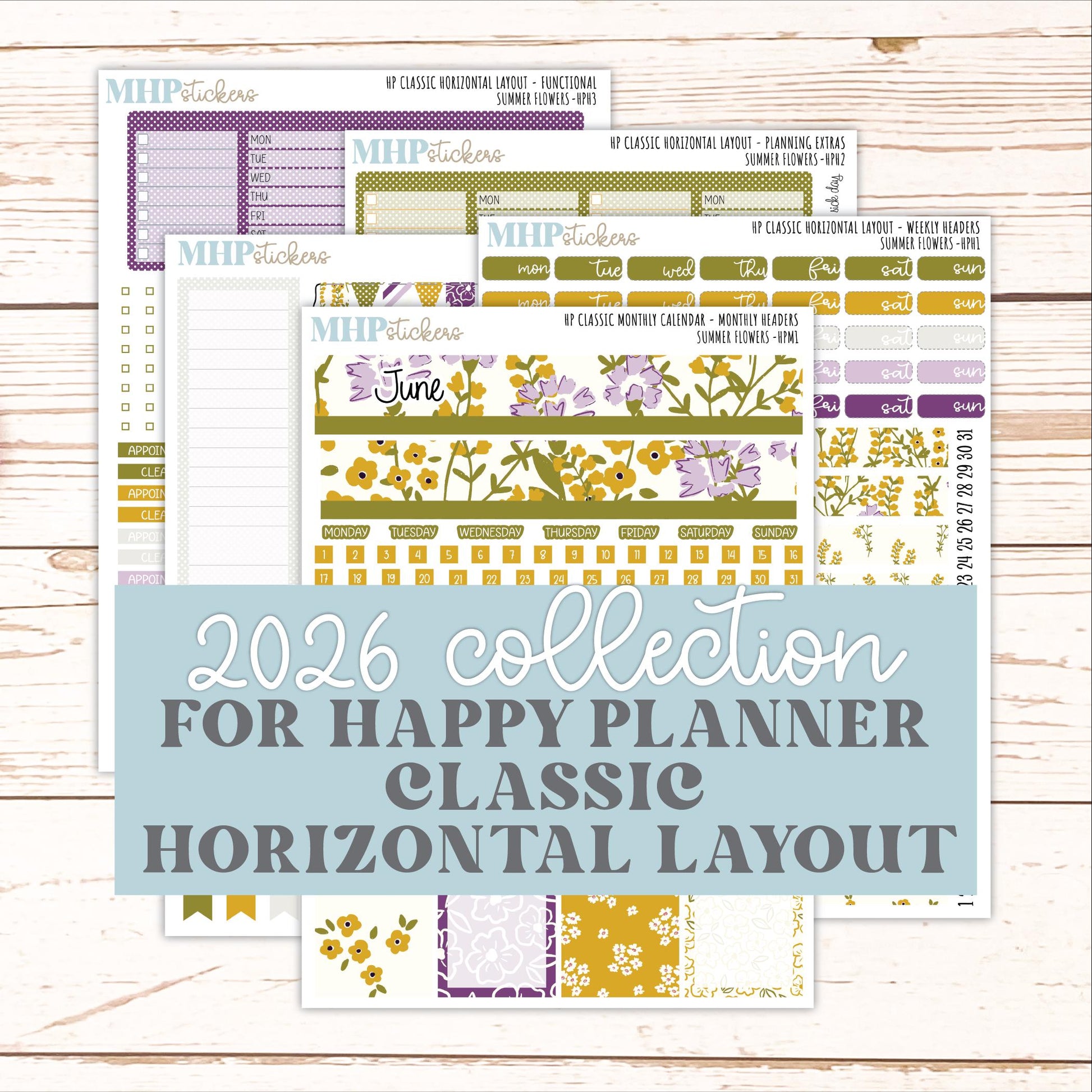 JUNE Stickers for Happy Planner Classic Horizontal Layout. 2026 Collection. "Summer Flowers" || HPH