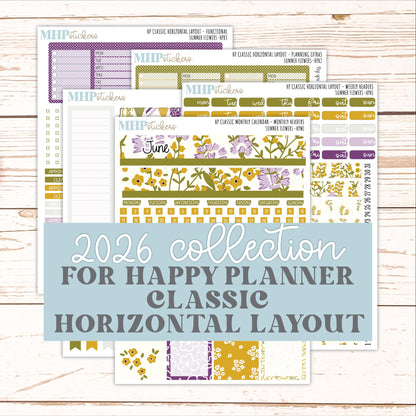 JUNE Stickers for Happy Planner Classic Horizontal Layout. 2026 Collection. "Summer Flowers" || HPH