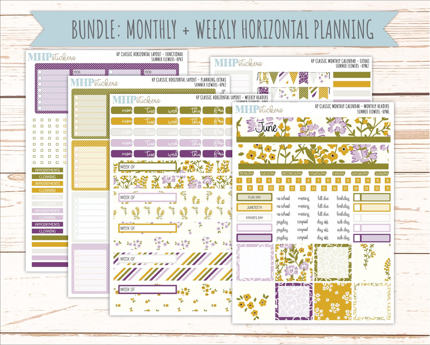 JUNE Stickers for Happy Planner Classic Horizontal Layout. 2026 Collection. "Summer Flowers" || HPH