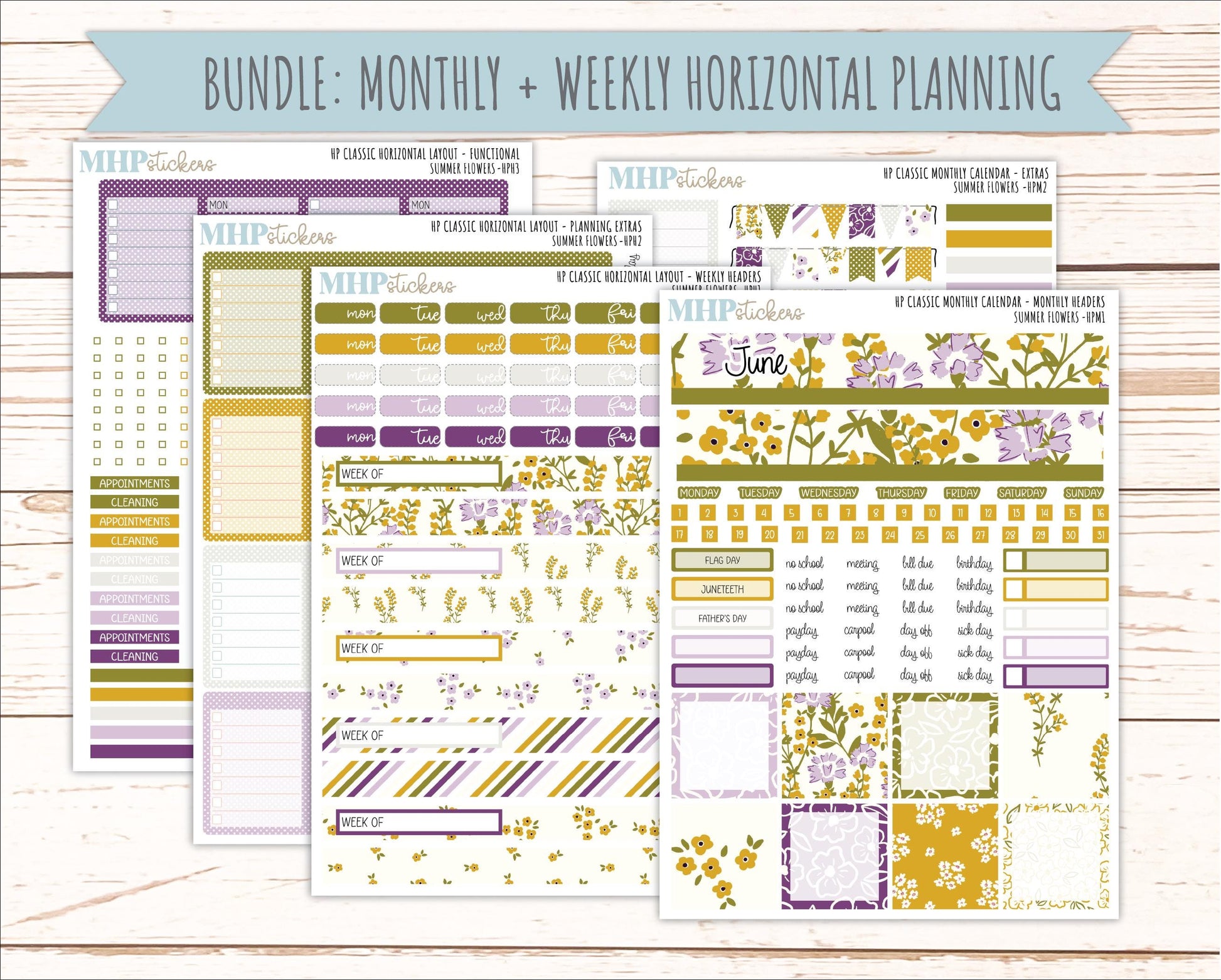 JUNE Stickers for Happy Planner Classic Horizontal Layout. 2026 Collection. "Summer Flowers" || HPH