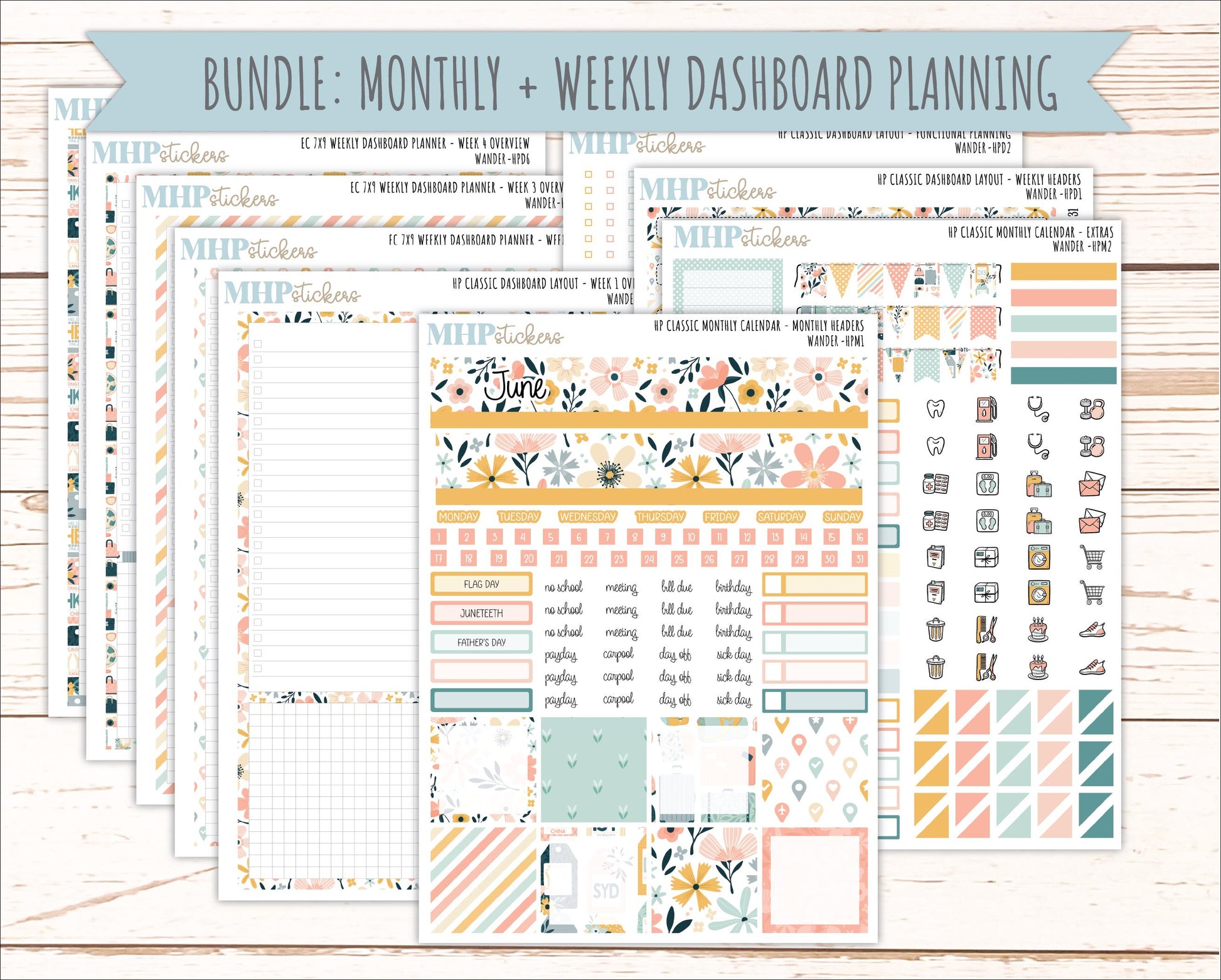 JUNE Stickers for Happy Planner Classic Dashboard Layout. 2026 Collection. "Wander" || HPD