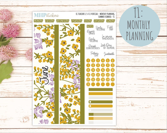 JUNE Stickers for EC Teacher Lesson Planner - Vertical Layout. 2026 Collection "Summer Flowers" || ECTV