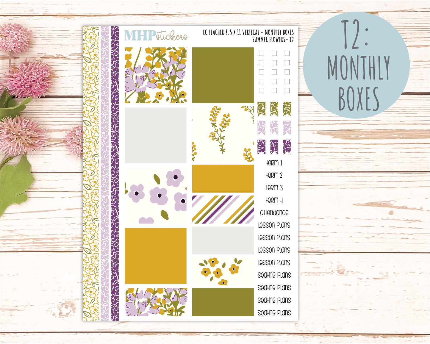JUNE Stickers for EC Teacher Lesson Planner - Vertical Layout. 2026 Collection "Summer Flowers" || ECTV