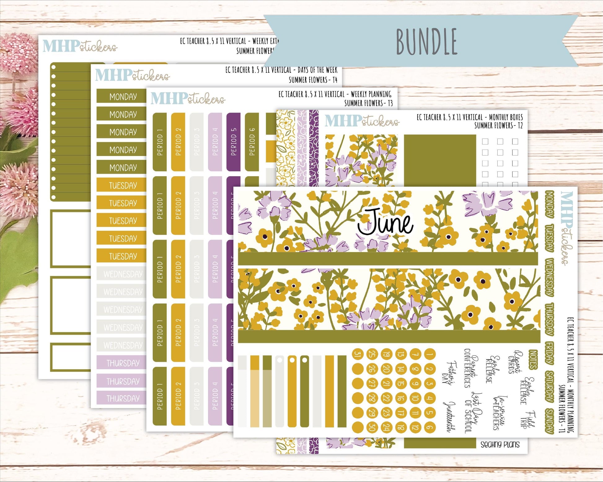 JUNE Stickers for EC Teacher Lesson Planner - Vertical Layout. 2026 Collection "Summer Flowers" || ECTV