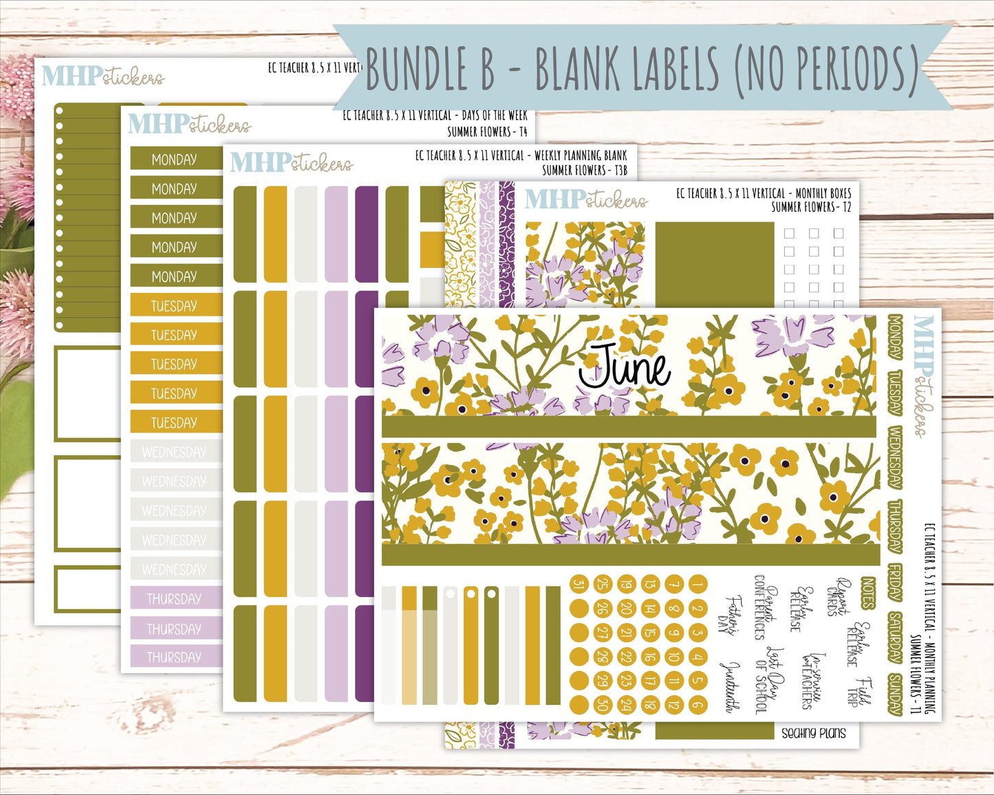 JUNE Stickers for EC Teacher Lesson Planner - Vertical Layout. 2026 Collection "Summer Flowers" || ECTV