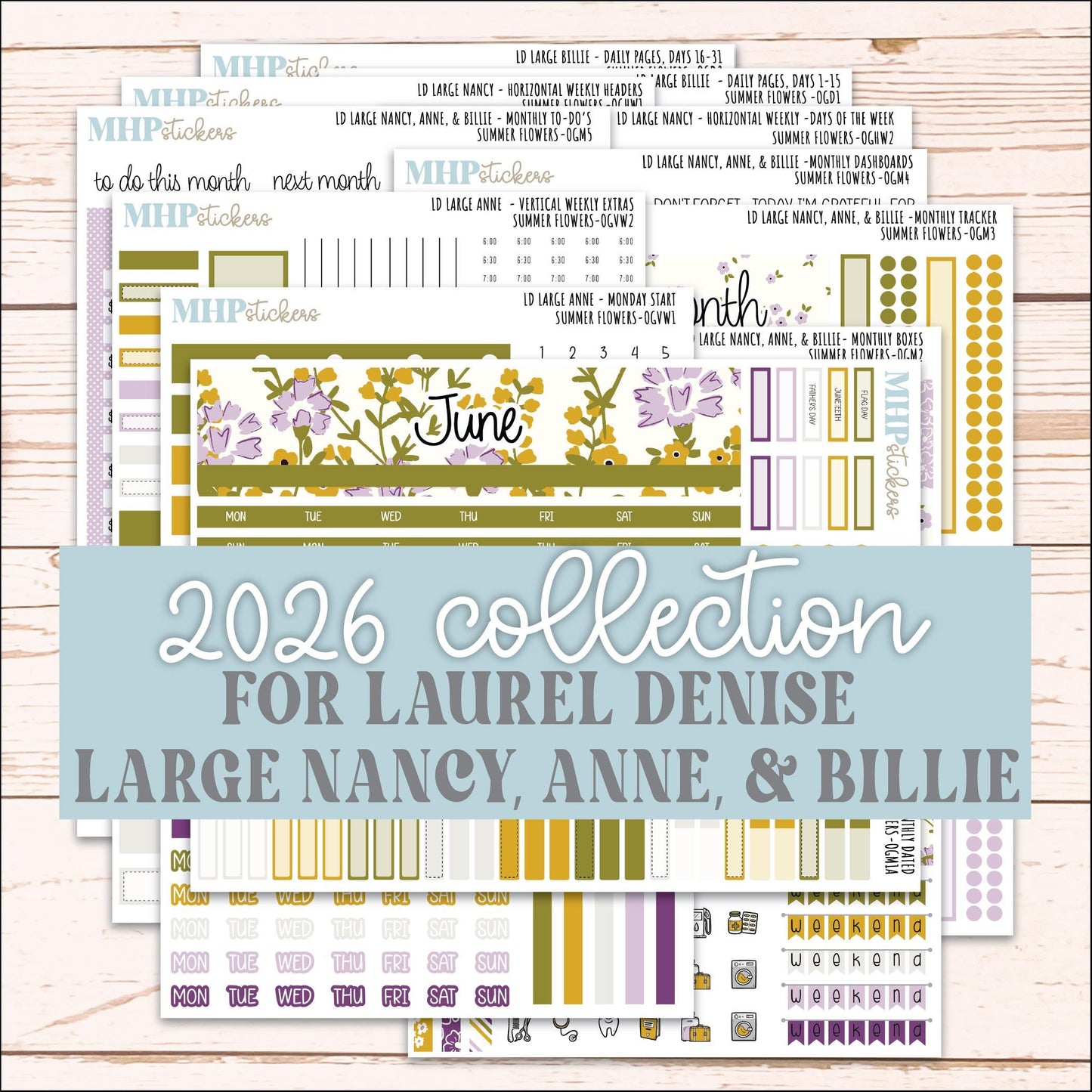 JUNE 2026 Stickers for Large Nancy, Anne, & Billie. Laurel Denise Planners. "Summer Flowers" || OG