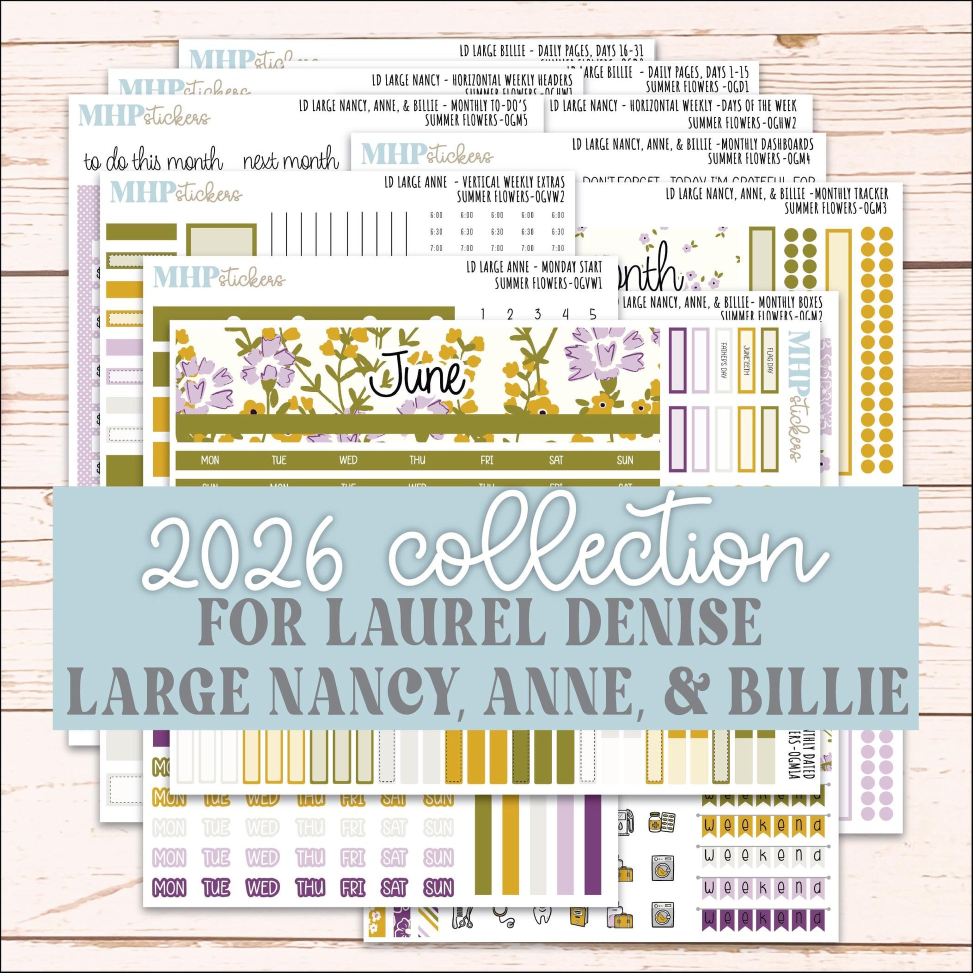 JUNE 2026 Stickers for Large Nancy, Anne, & Billie. Laurel Denise Planners. "Summer Flowers" || OG