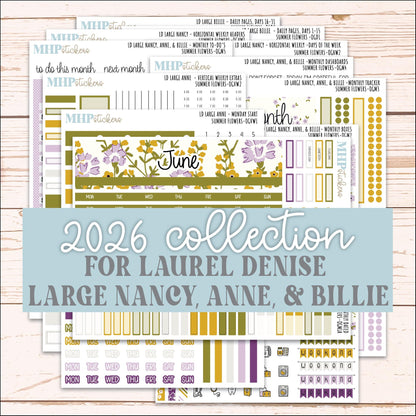 JUNE 2026 Stickers for Large Nancy, Anne, & Billie. Laurel Denise Planners. "Summer Flowers" || OG