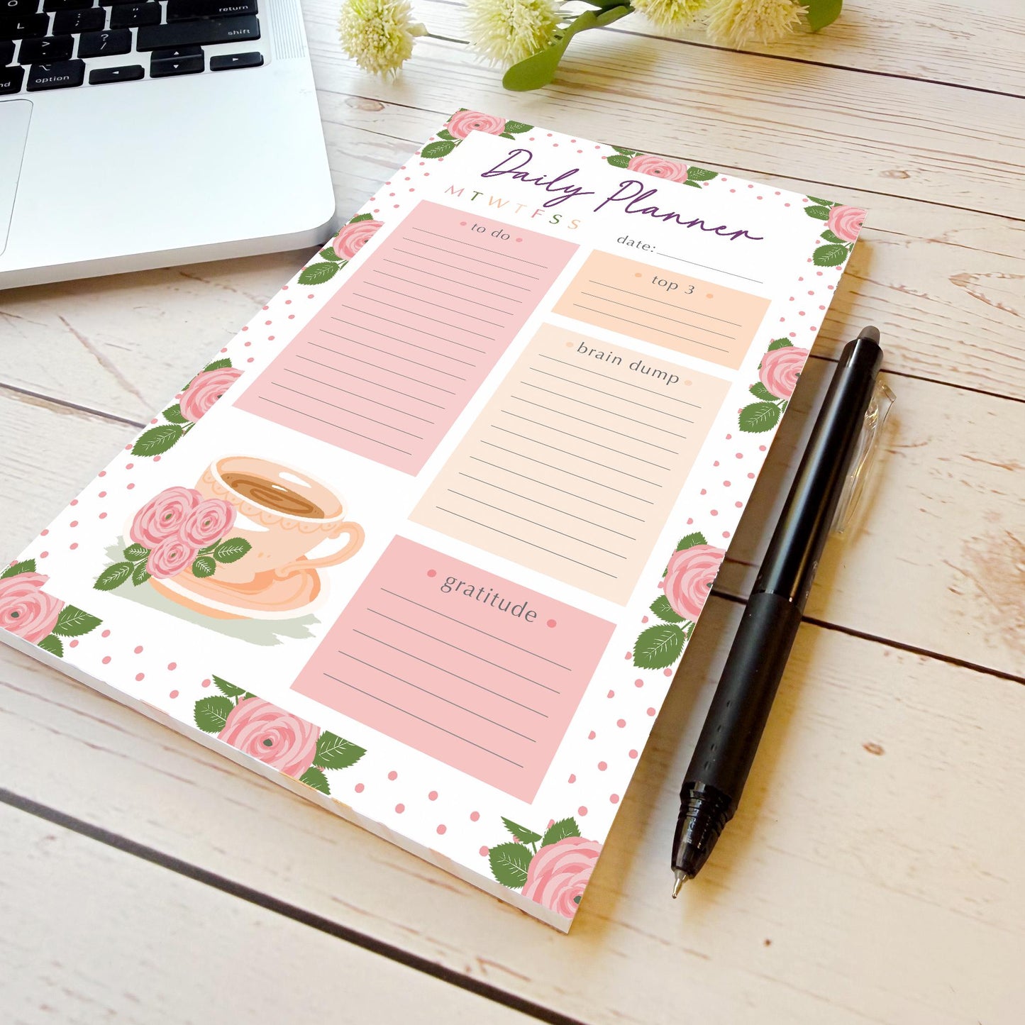 Daily Planner Tear-Off Notepads. Personalized Notepad. "Roses" || NPD