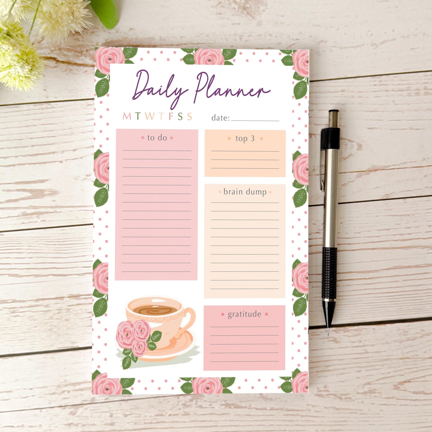 Daily Planner Tear-Off Notepads. Personalized Notepad. "Roses" || NPD