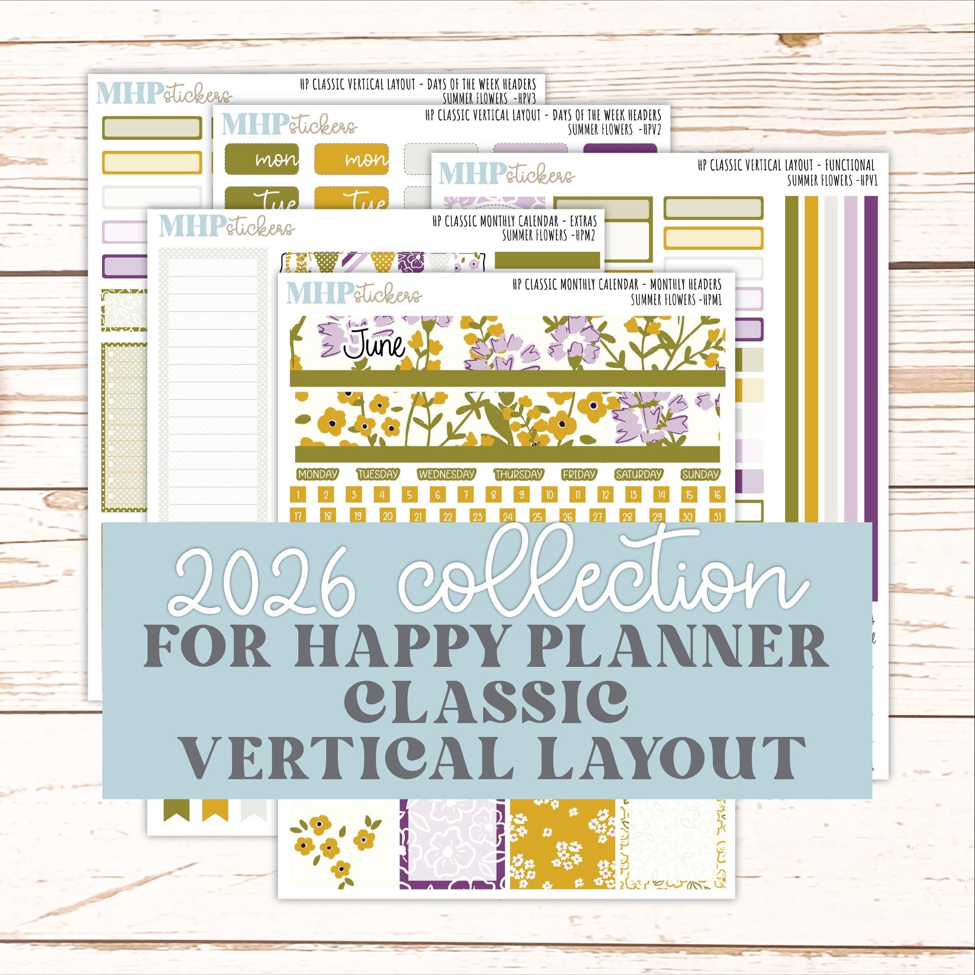 JUNE Stickers for Happy Planner Classic Vertical Layout. 2026 Collection. "Summer Flowers" || HPV