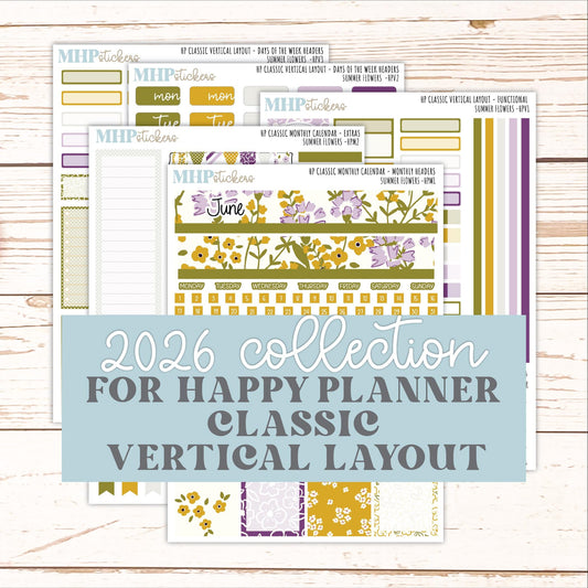 JUNE Stickers for Happy Planner Classic Vertical Layout. 2026 Collection. "Summer Flowers" || HPV
