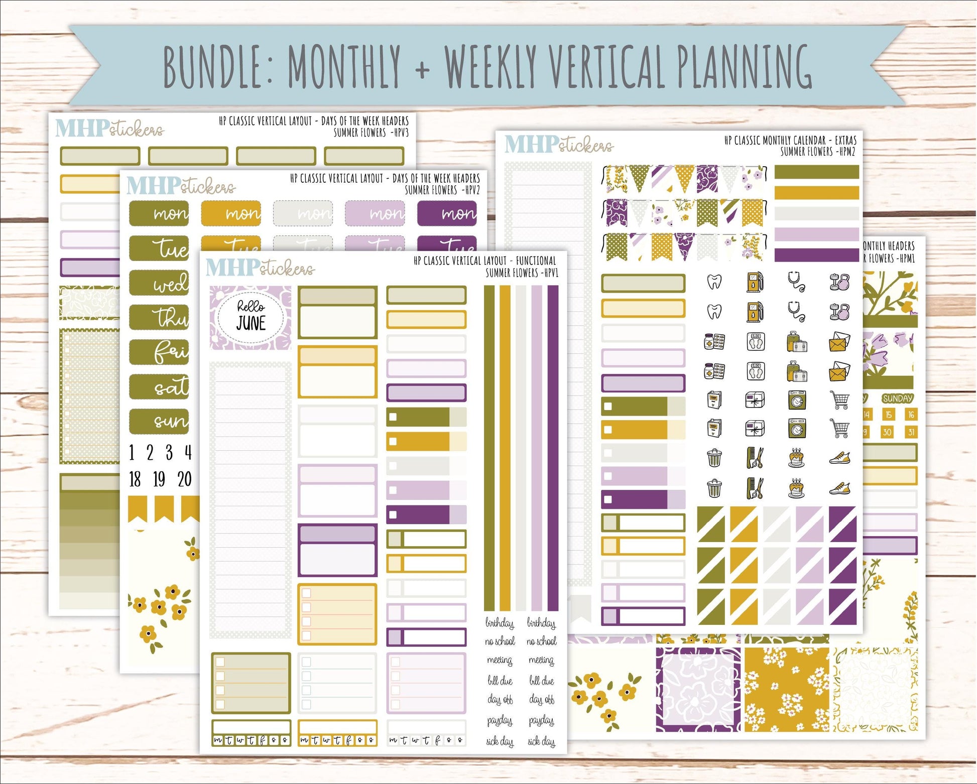 JUNE Stickers for Happy Planner Classic Vertical Layout. 2026 Collection. "Summer Flowers" || HPV