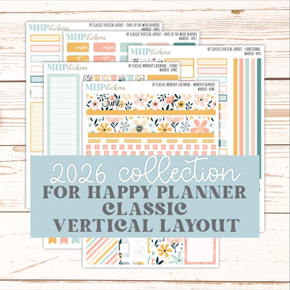 JUNE Stickers for Happy Planner Classic Vertical Layout. 2026 Collection. "Wander" || HPV
