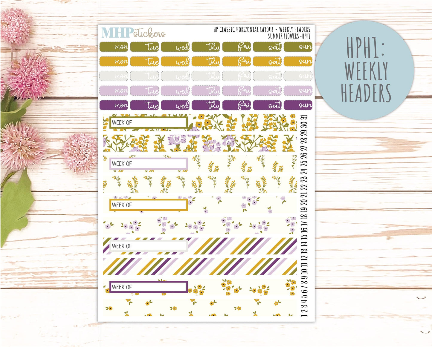 JUNE Stickers for Happy Planner Classic Horizontal Layout. 2026 Collection. "Summer Flowers" || HPH