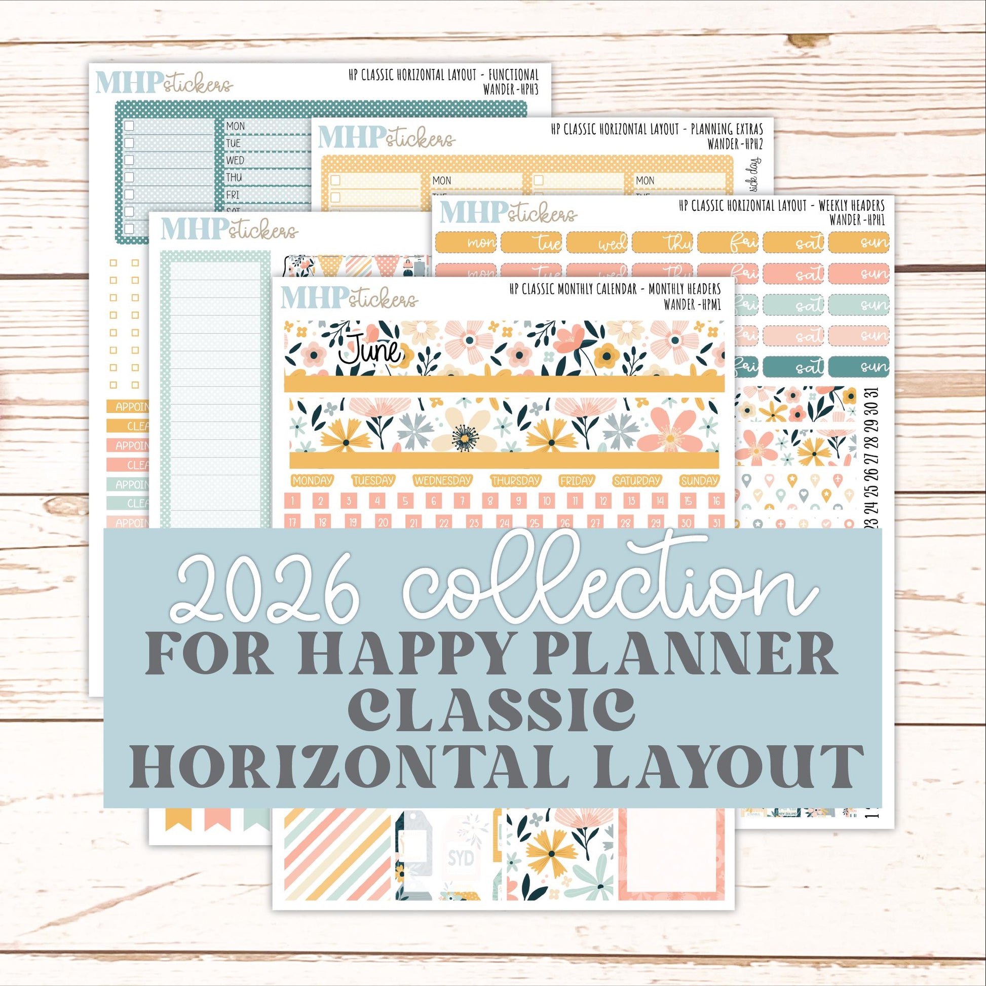 JUNE Stickers for Happy Planner Classic Horizontal Layout. 2026 Collection. "Wander" || HPH