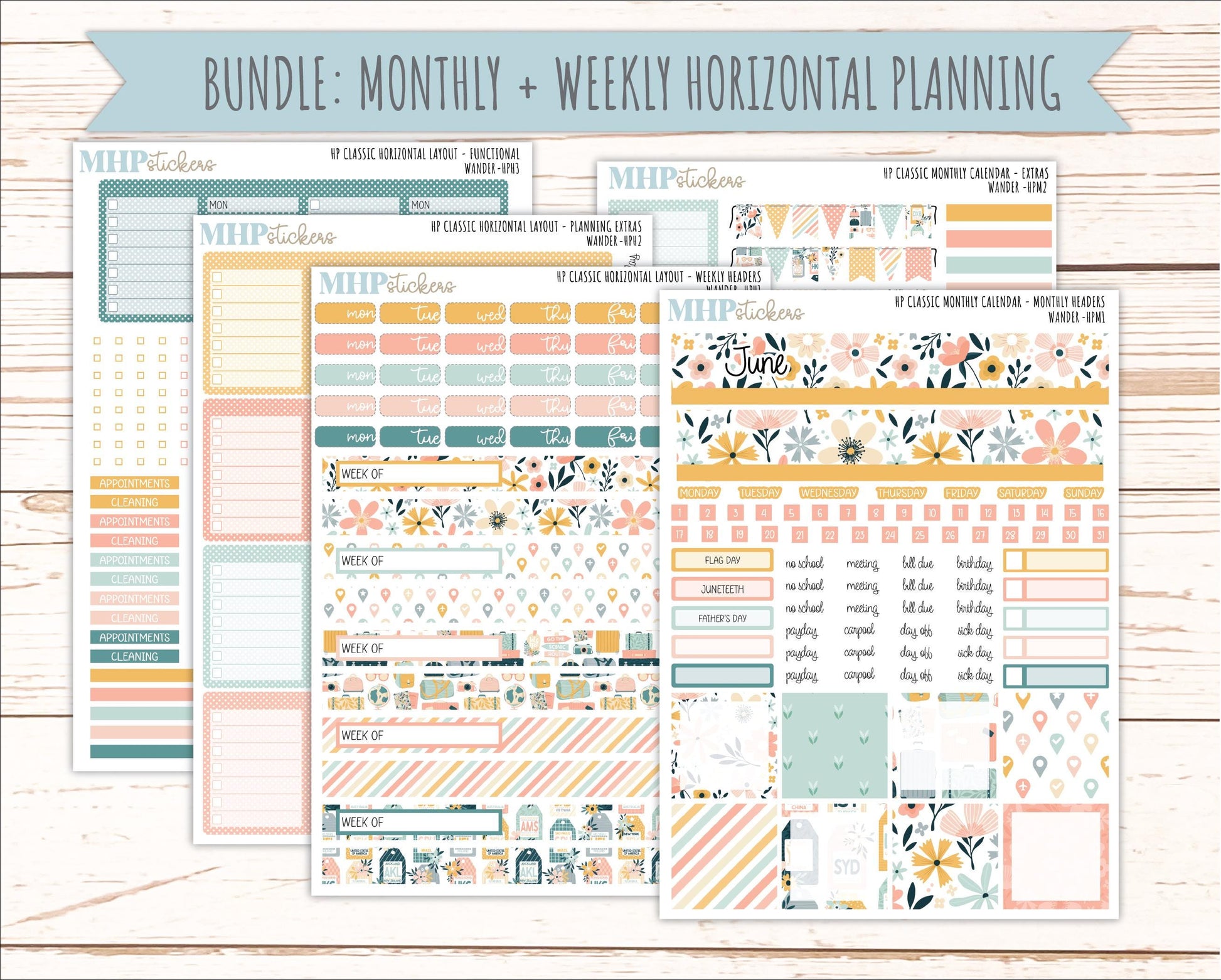 JUNE Stickers for Happy Planner Classic Horizontal Layout. 2026 Collection. "Wander" || HPH