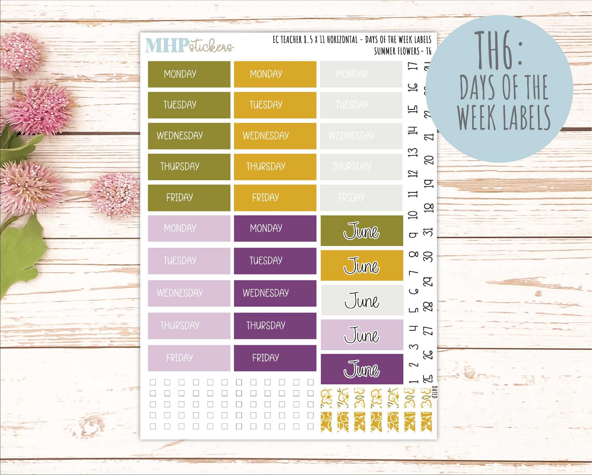 JUNE Stickers for EC Teacher Lesson Planner - Horizontal Layout. 2026 Collection "Summer Flowers" || ECTH