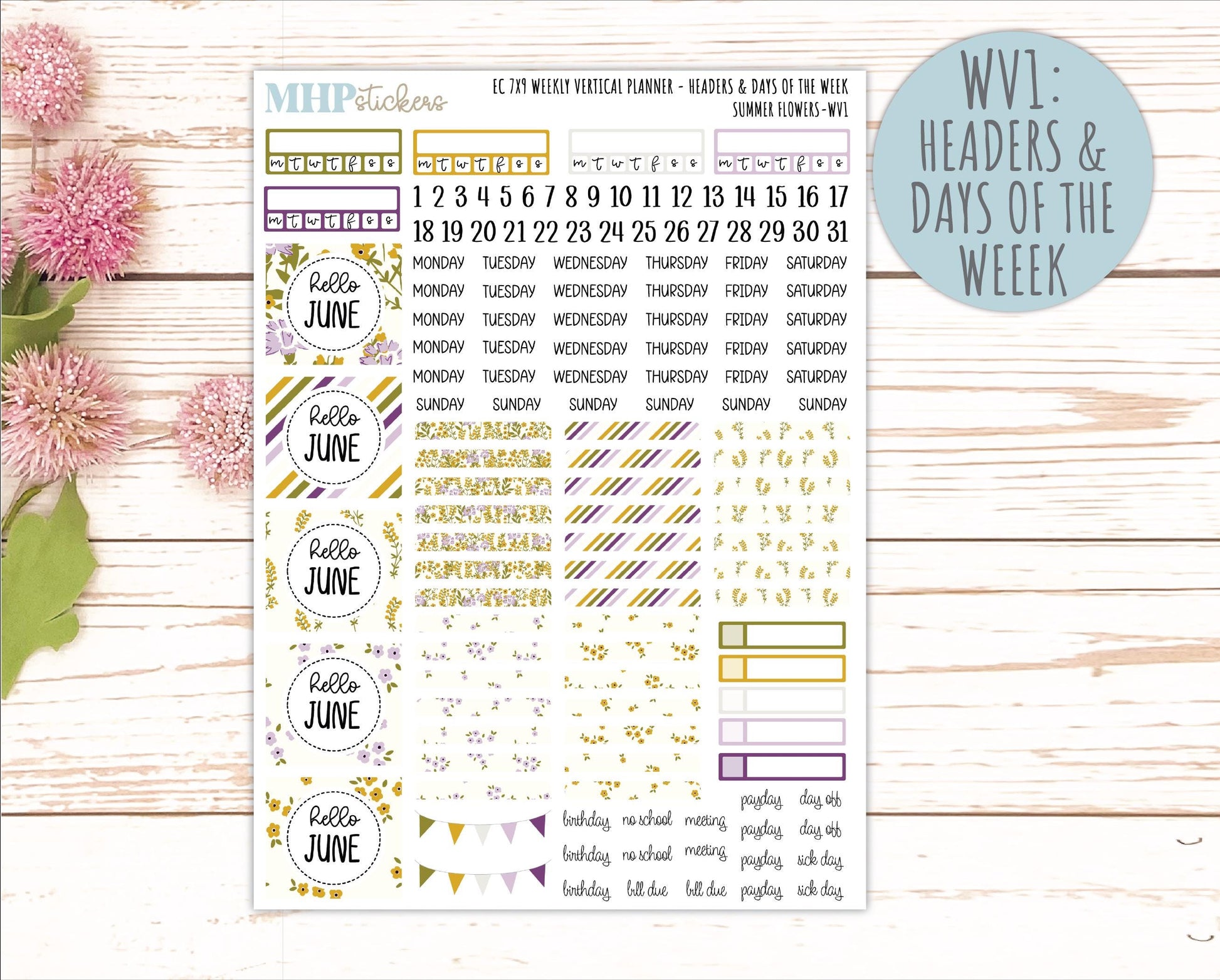 JUNE Weekly Vertical Kits for 7x9 Erin Condren Planners. 2026 Collection "Summer Flowers" || ECWV