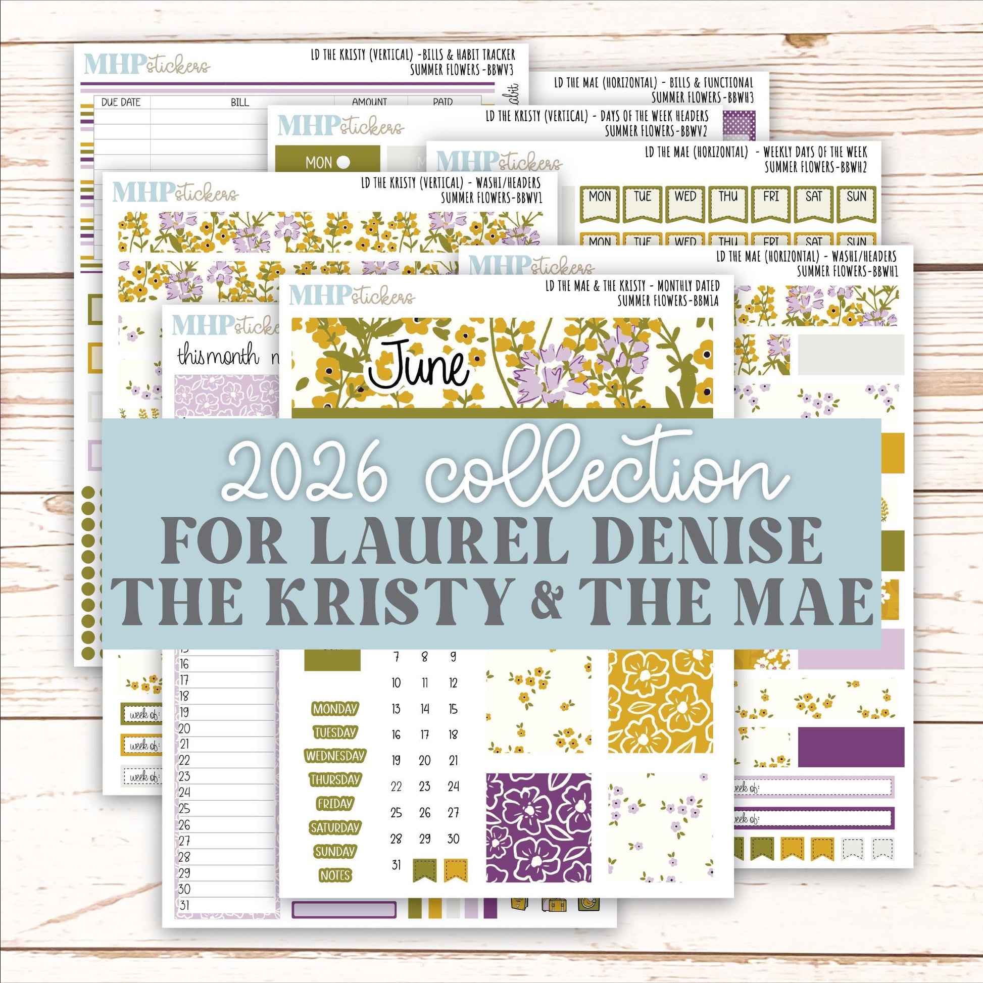 JUNE 2026 Stickers for the Mae & Kristy Laurel Denise Planners "Summer Flowers" || BB