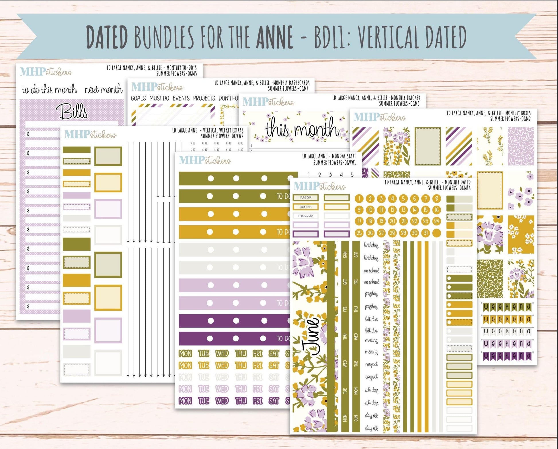 JUNE 2026 Stickers for Large Nancy, Anne, & Billie. Laurel Denise Planners. "Summer Flowers" || OG