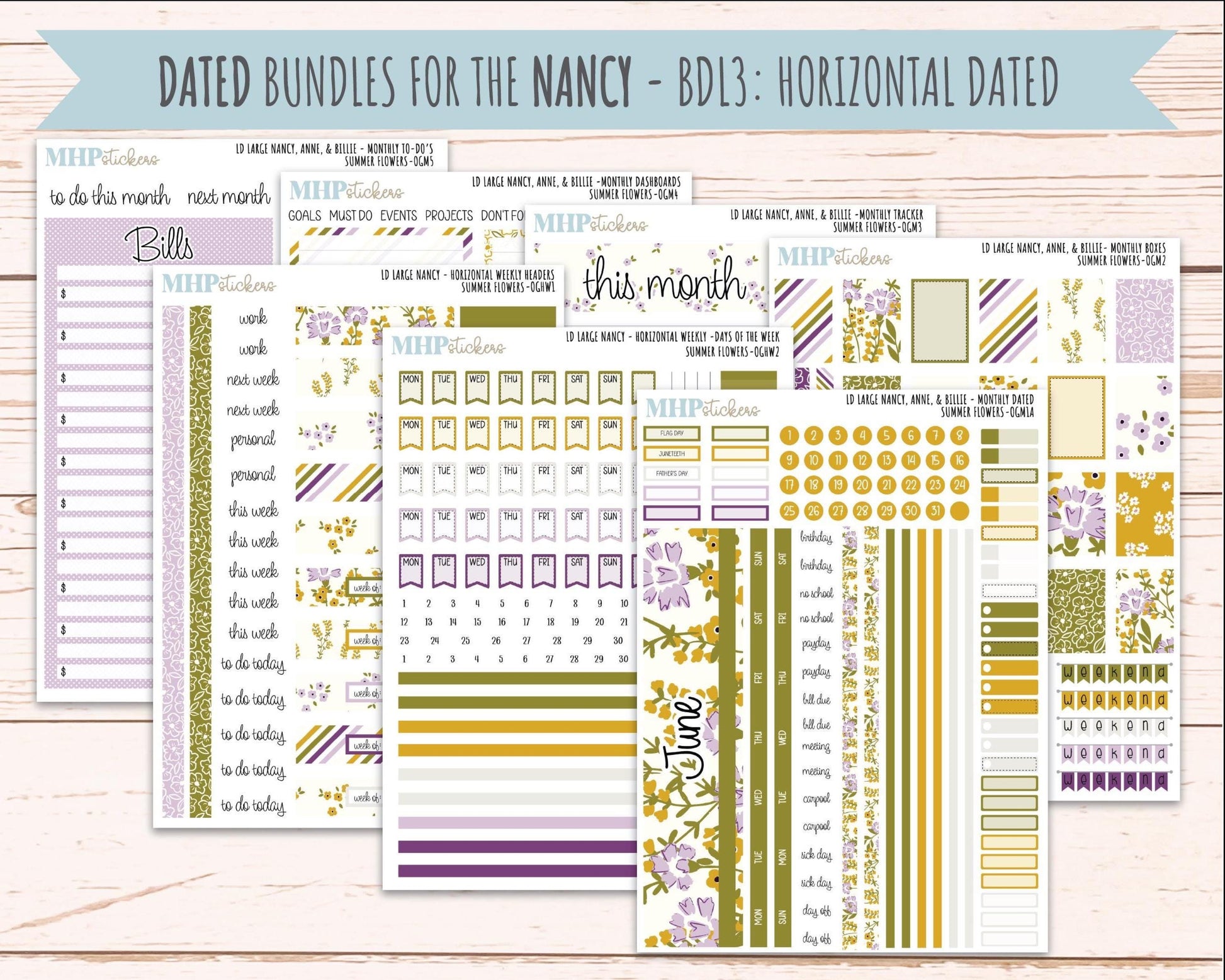 JUNE 2026 Stickers for Large Nancy, Anne, & Billie. Laurel Denise Planners. "Summer Flowers" || OG