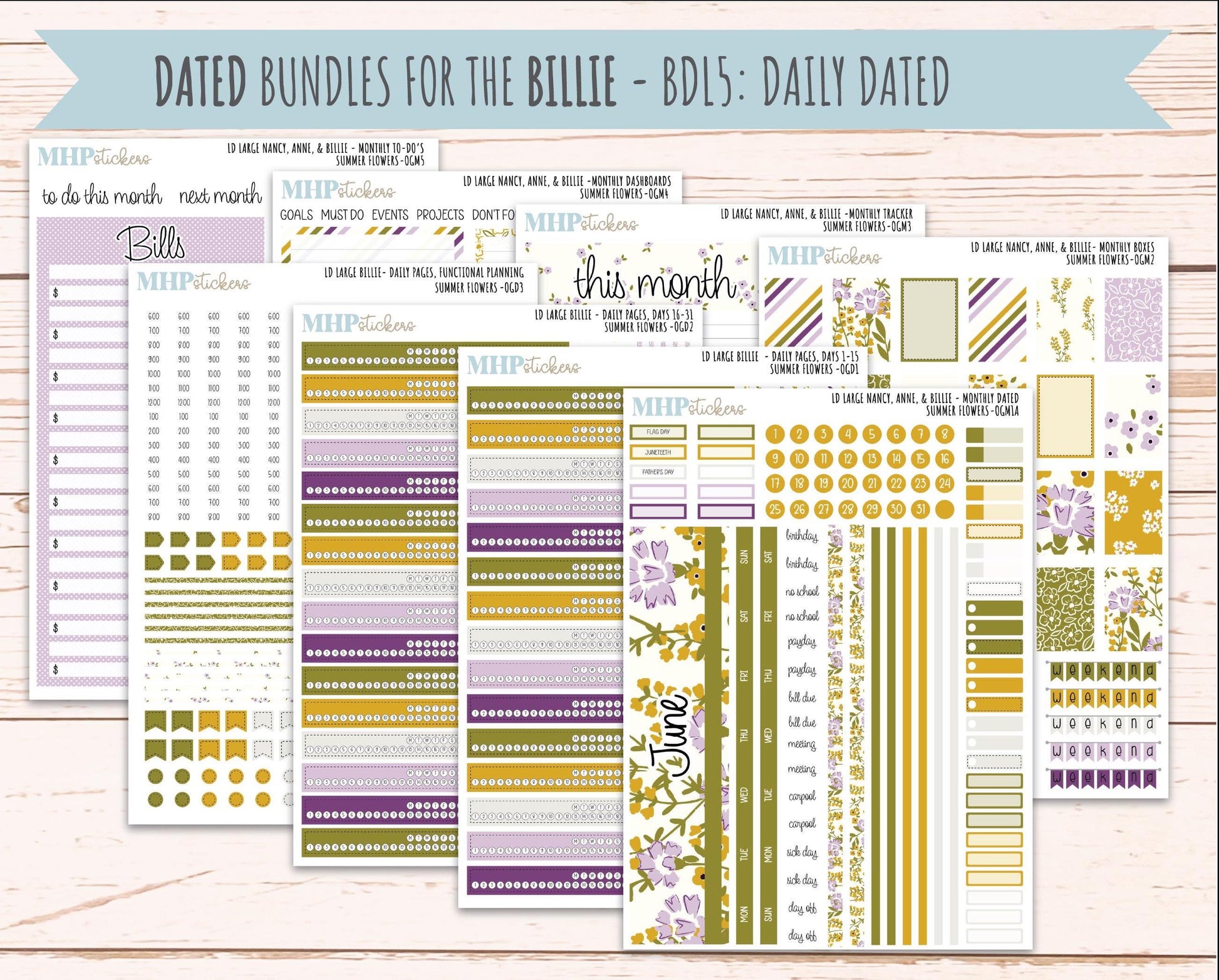 JUNE 2026 Stickers for Large Nancy, Anne, & Billie. Laurel Denise Planners. "Summer Flowers" || OG