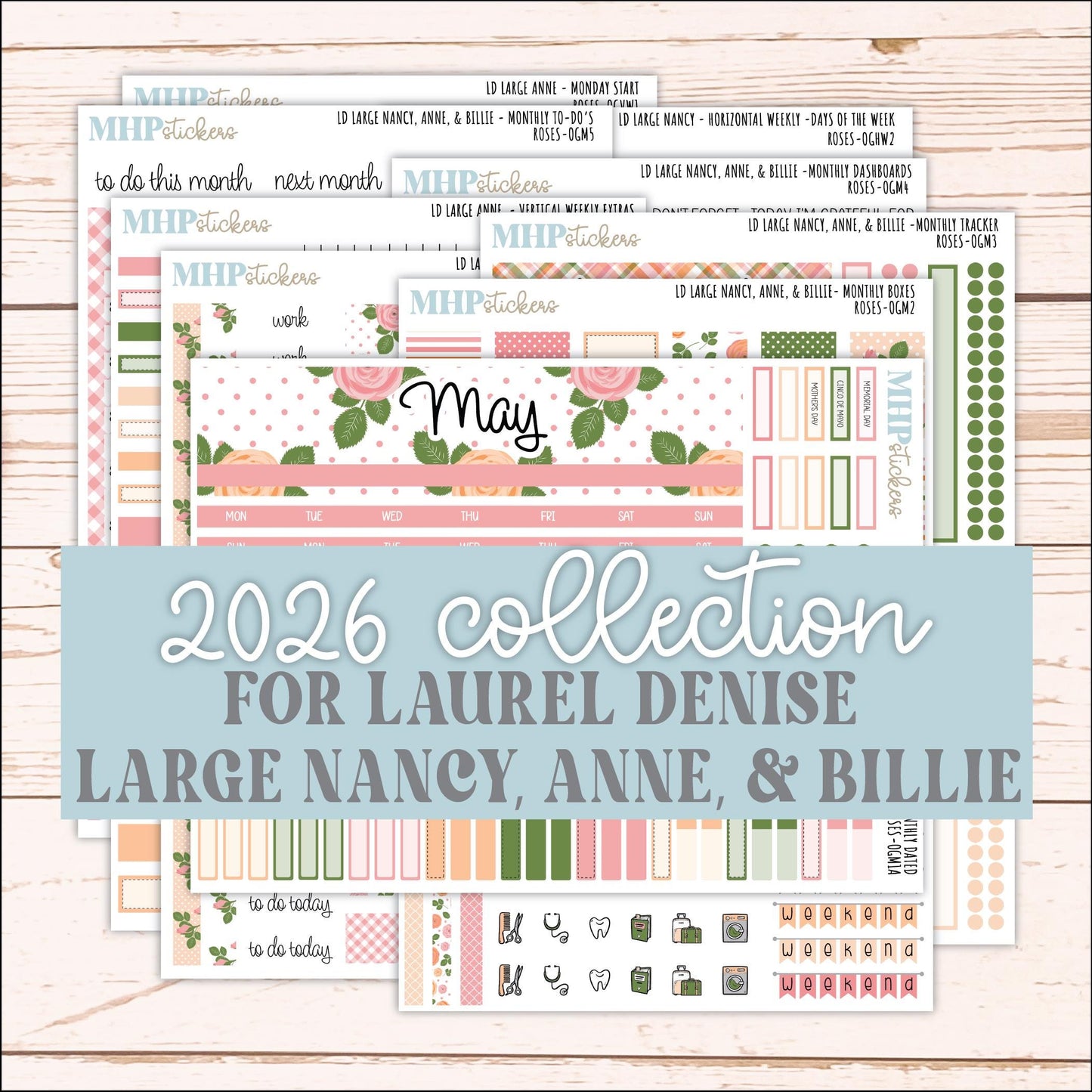 MAY 2026 Stickers for Large Nancy & Anne Planners for Laurel Denise Planners. "Roses" || OG