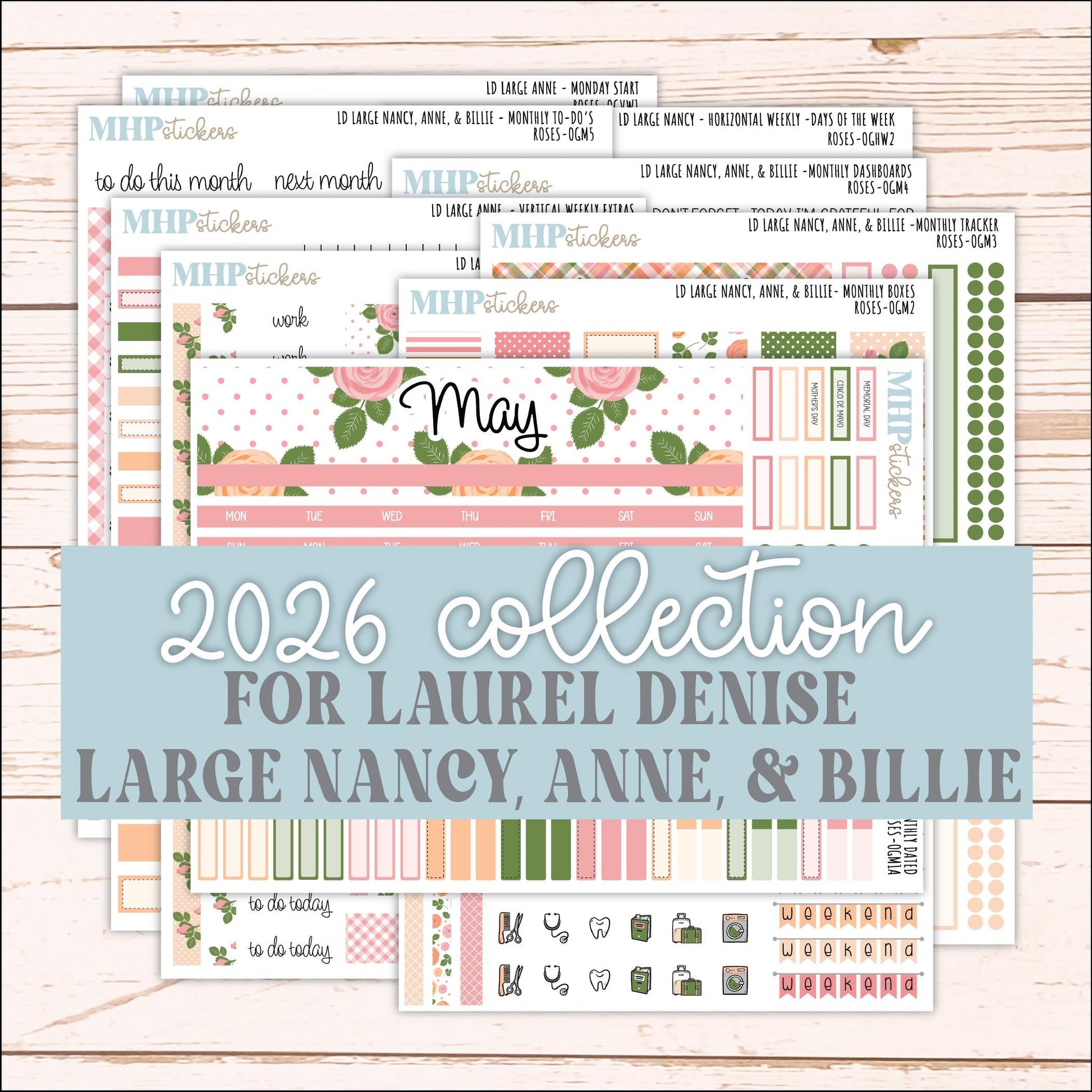MAY 2026 Stickers for Large Nancy & Anne Planners for Laurel Denise Planners. "Roses" || OG