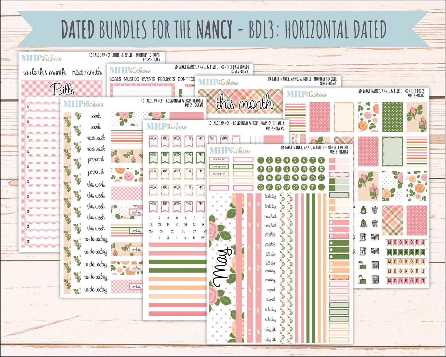 MAY 2026 Stickers for Large Nancy & Anne Planners for Laurel Denise Planners. "Roses" || OG