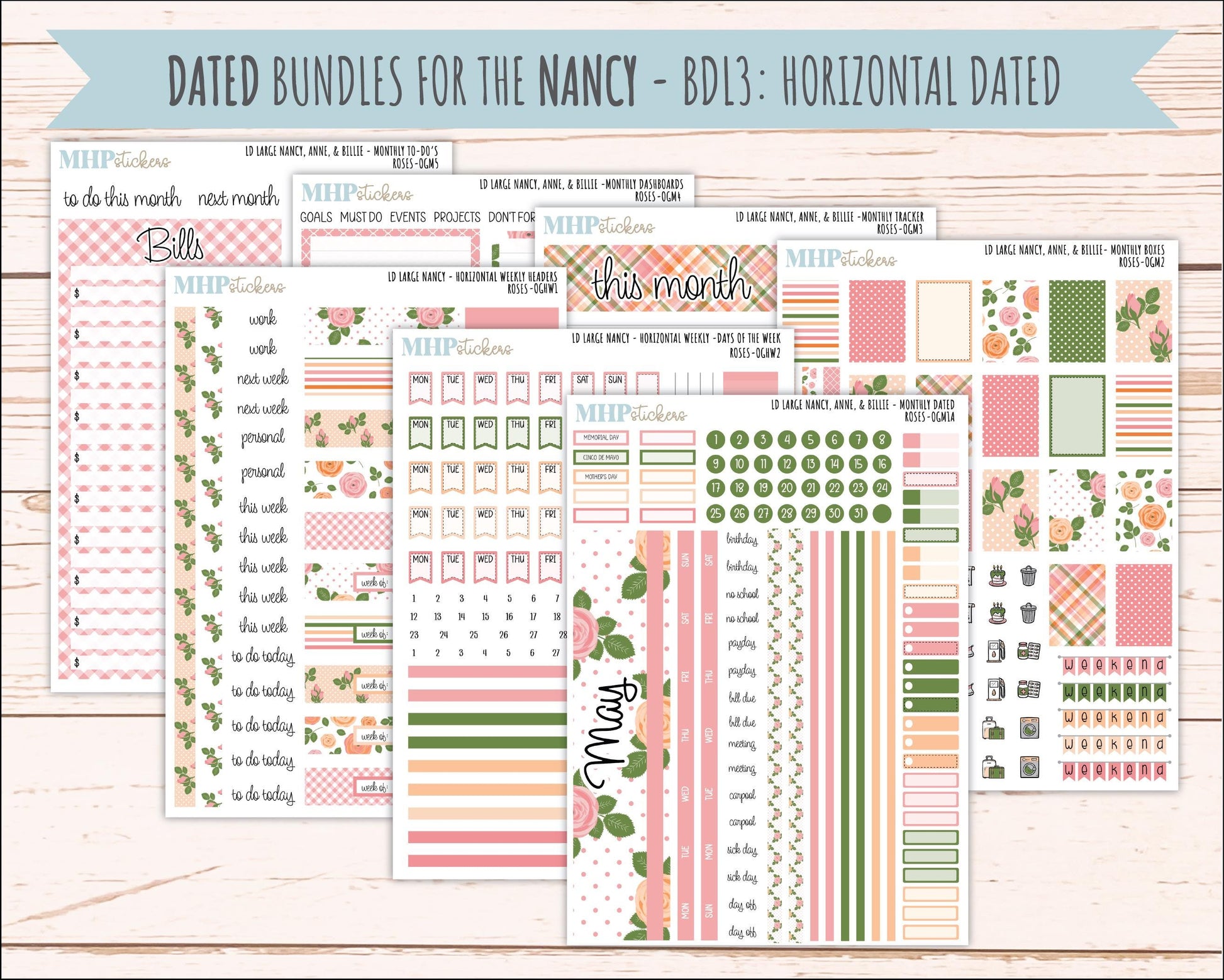MAY 2026 Stickers for Large Nancy & Anne Planners for Laurel Denise Planners. "Roses" || OG