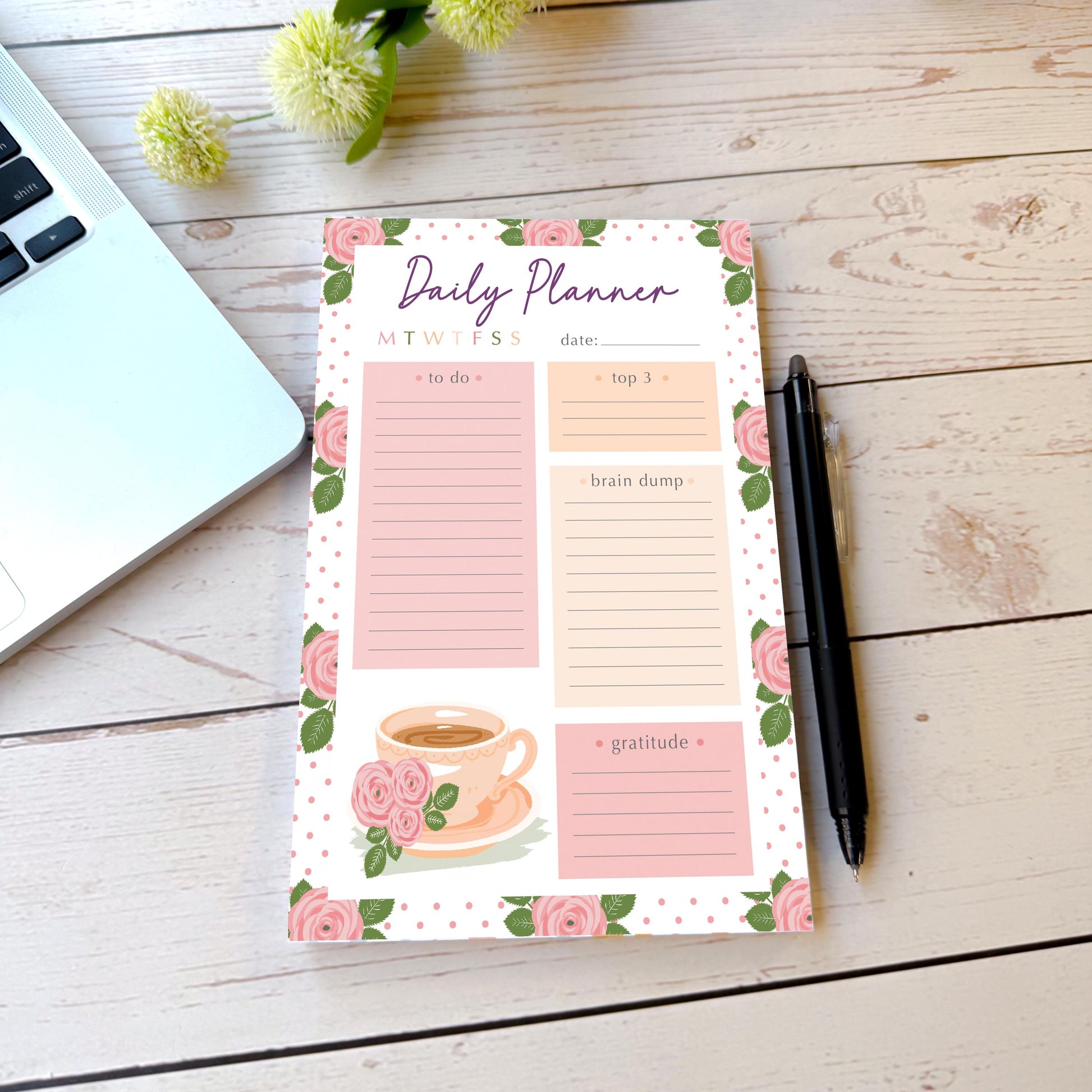 Daily Planner Tear-Off Notepads. Personalized Notepad. "Roses" || NPD